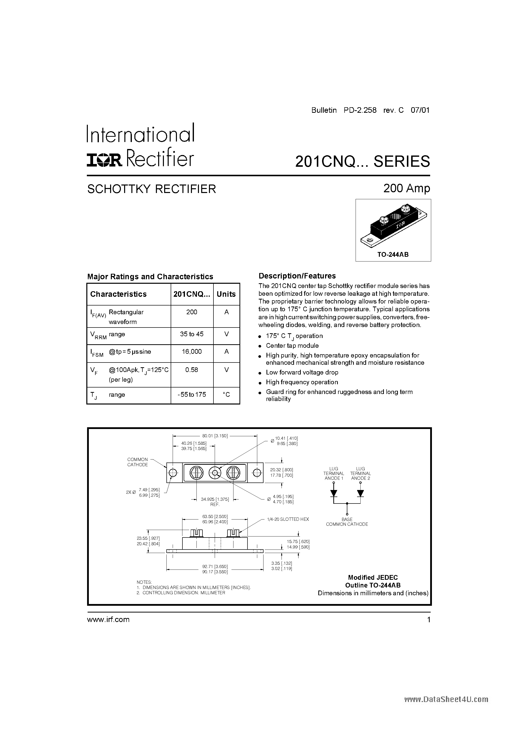 Datasheet 201CNQ - SCHOTTKY RECTIFIER page 1