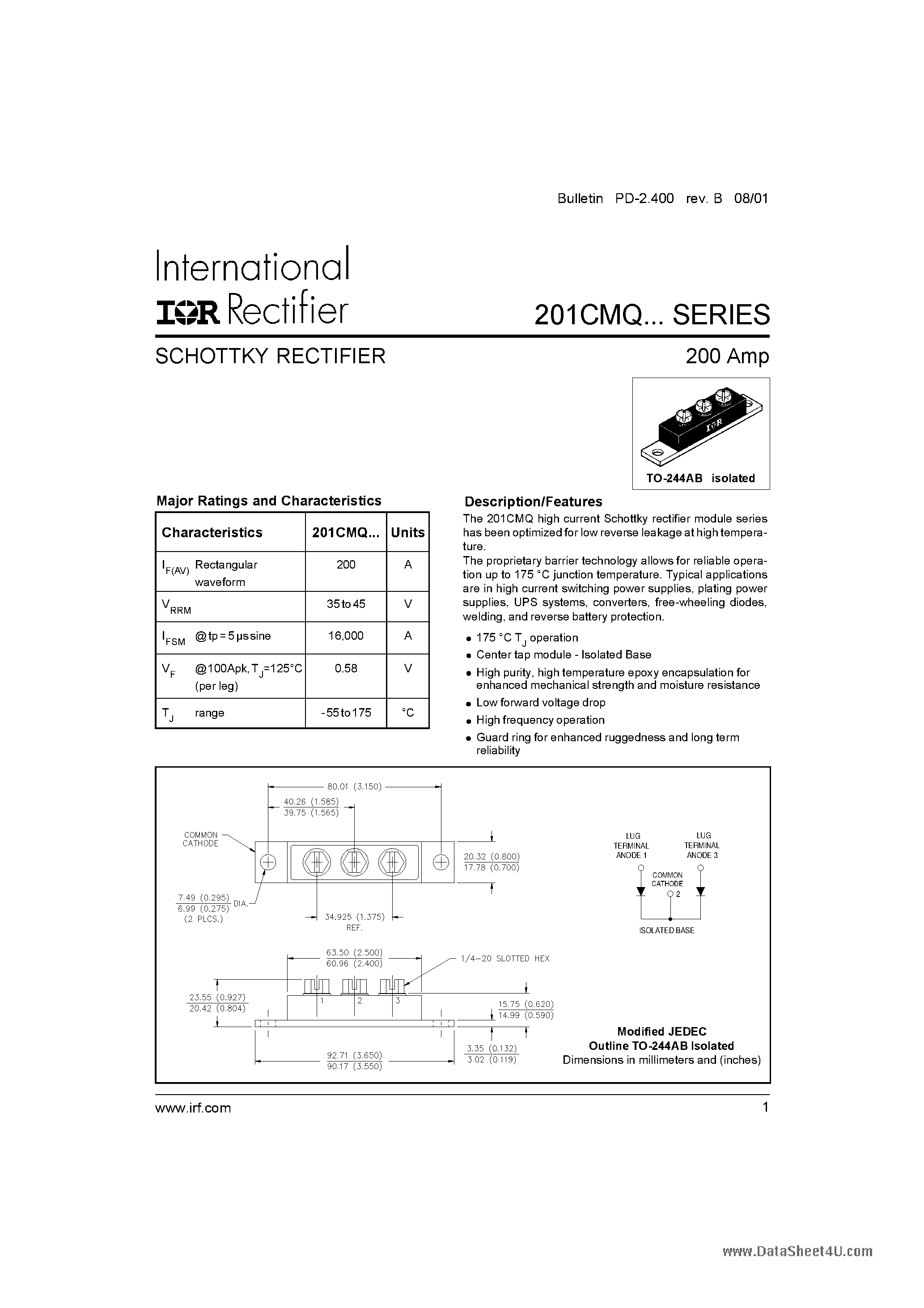Datasheet 201CMQ - SCHOTTKY RECTIFIER page 1