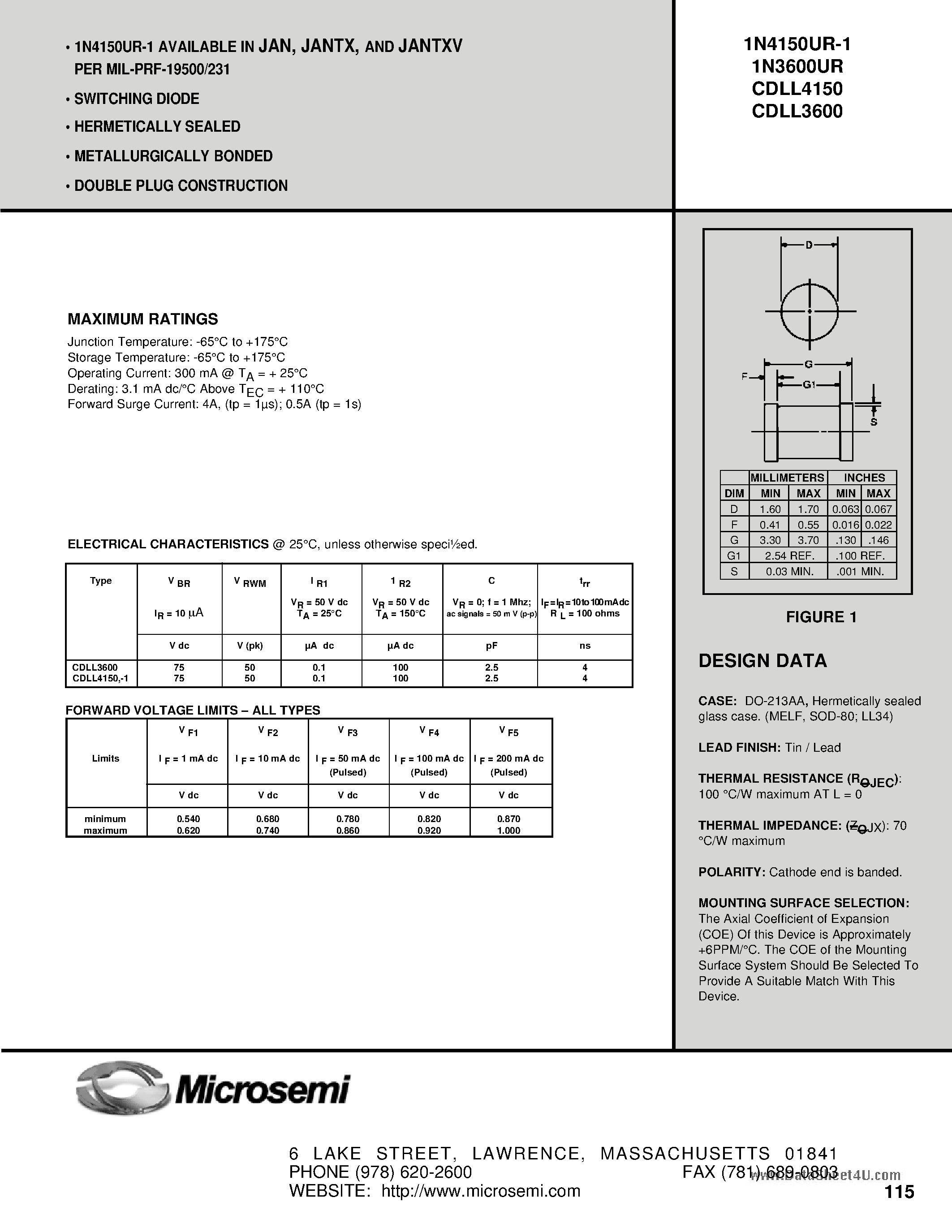 Даташит на микросхему CDLL3600 страница 1 Даташит CDLL3600 - (CDLL4150 / CDLL3600) SWITCHING DIODE страница 1