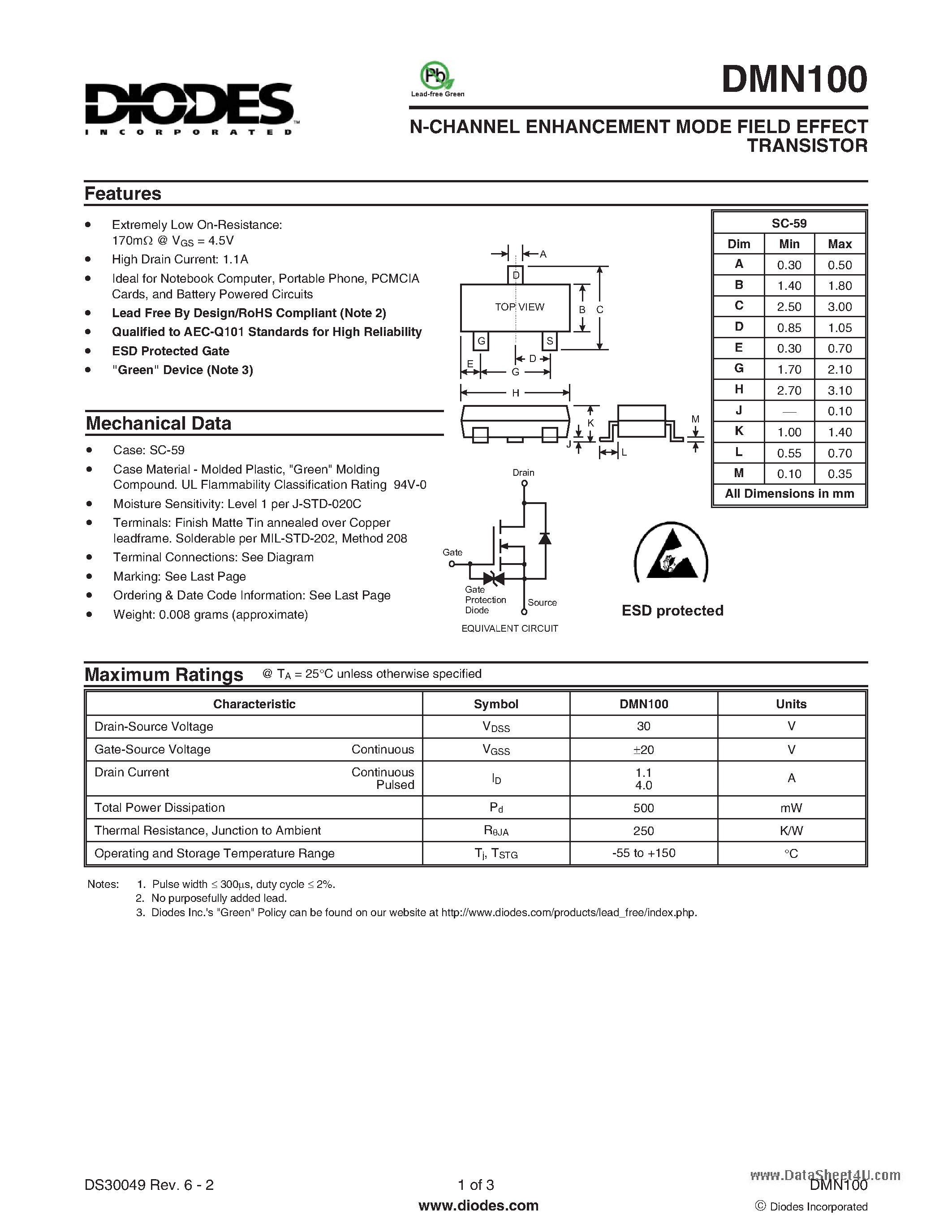 Datasheet DMN100 - N-CHANNEL ENHANCEMENT MODE FIELD EFFECT TRANSISTOR page 1