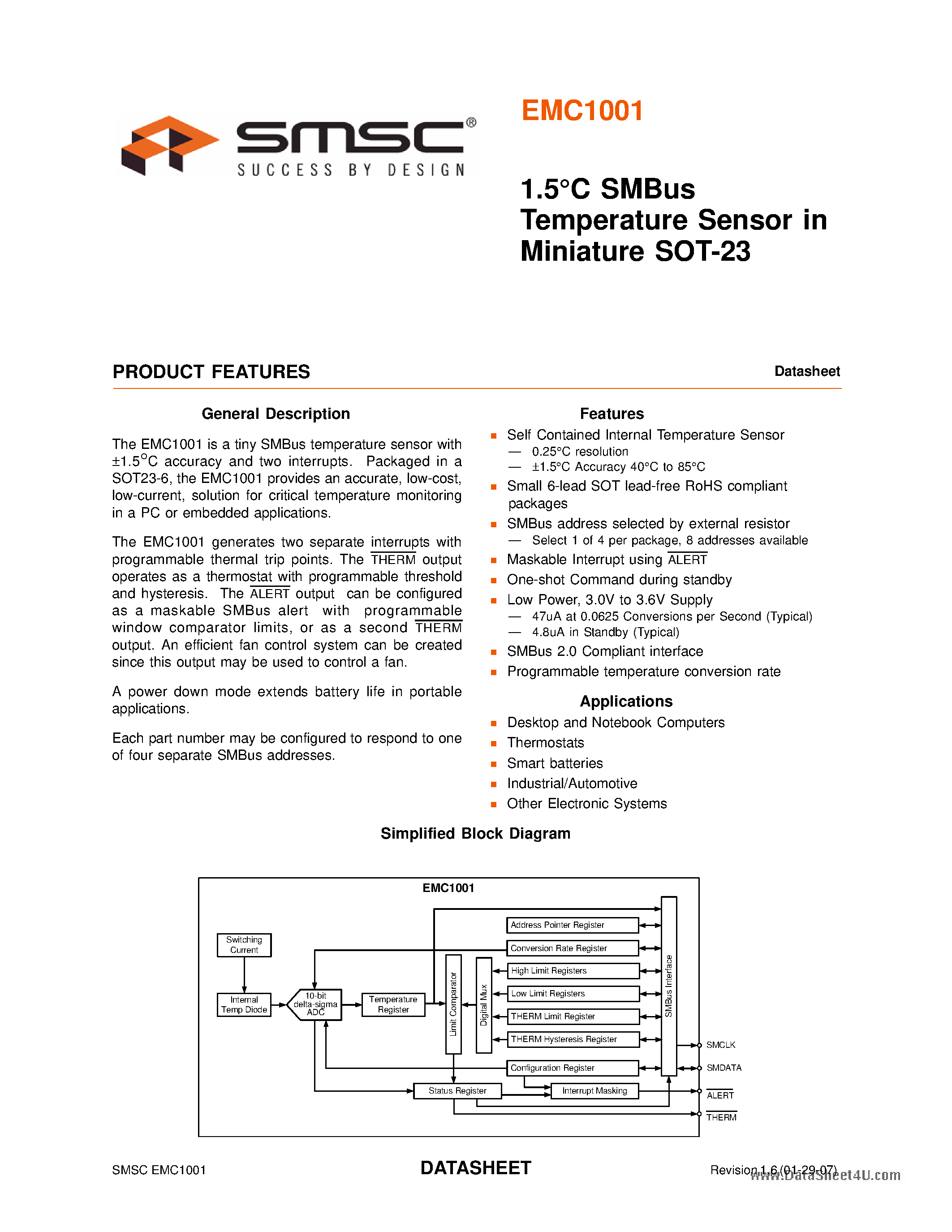 Datasheet EMC1001 - SMBus Temperature Sensor page 1