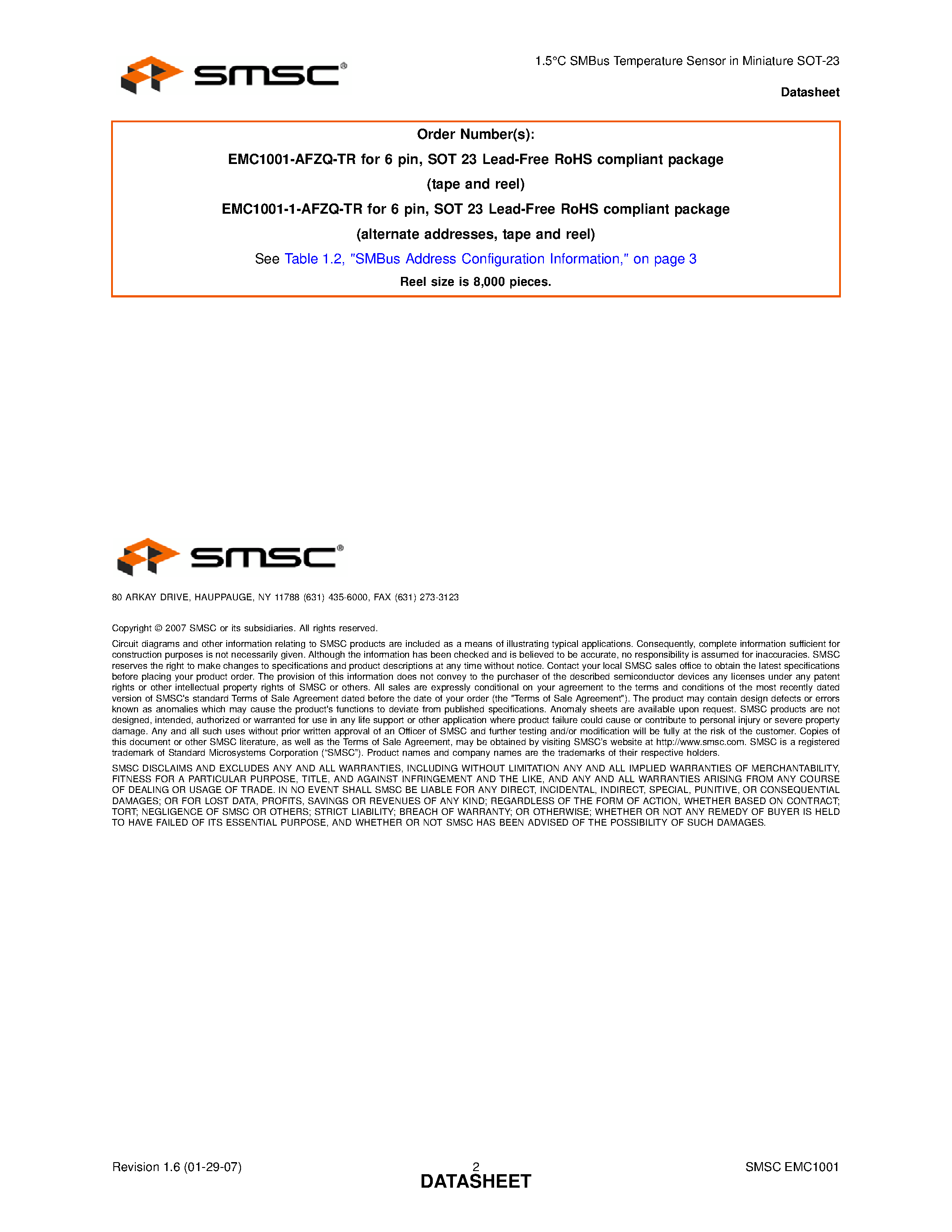Datasheet EMC1001 - SMBus Temperature Sensor page 2