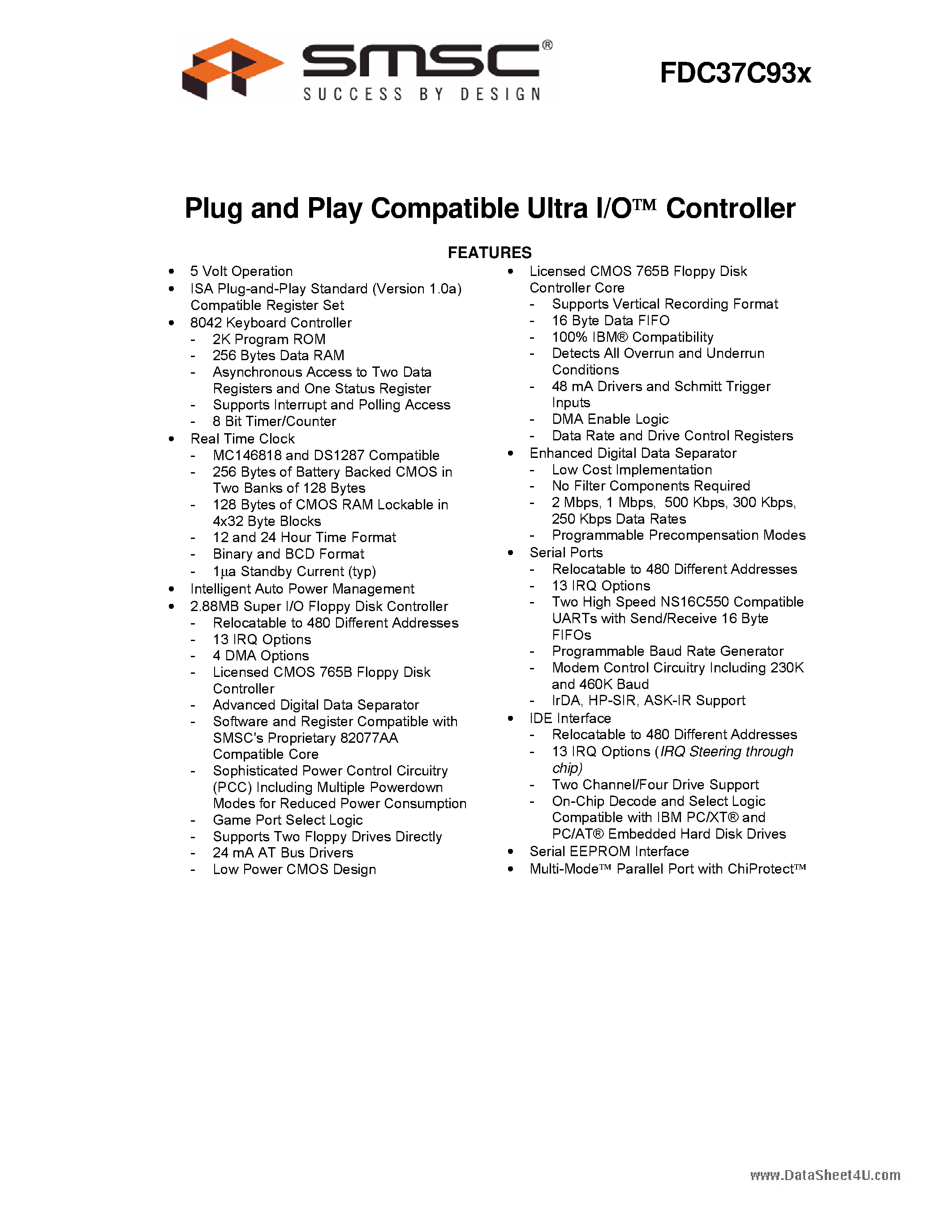 Datasheet FDC37C93X page 1 Datasheet FDC37C93X - Plug and Play Compatible Ultra I/O Controller page 1