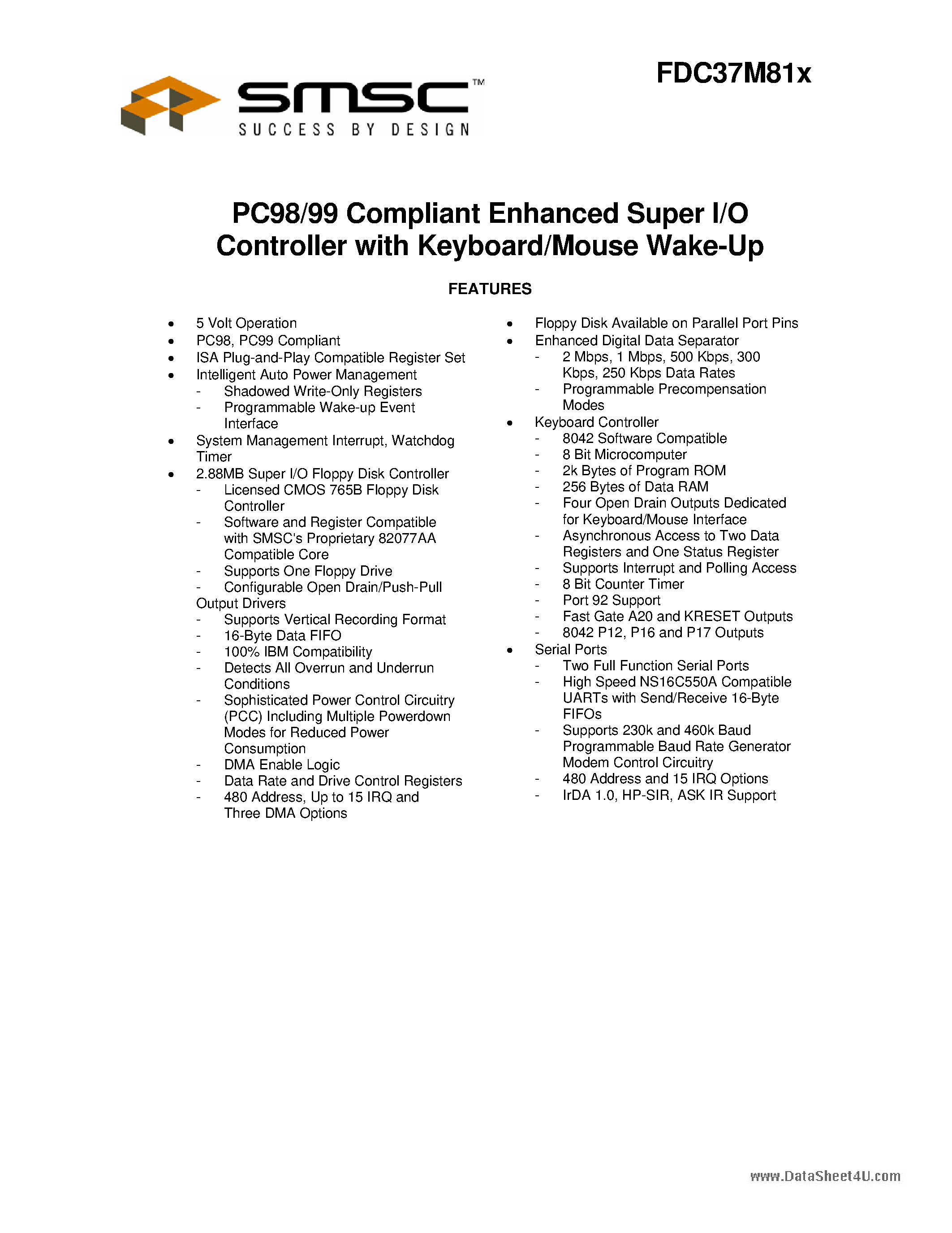 Datasheet FDC37M81x page 1 Datasheet FDC37M81x - PC98/99 Compliant Enhanced Super I/O Controller page 1