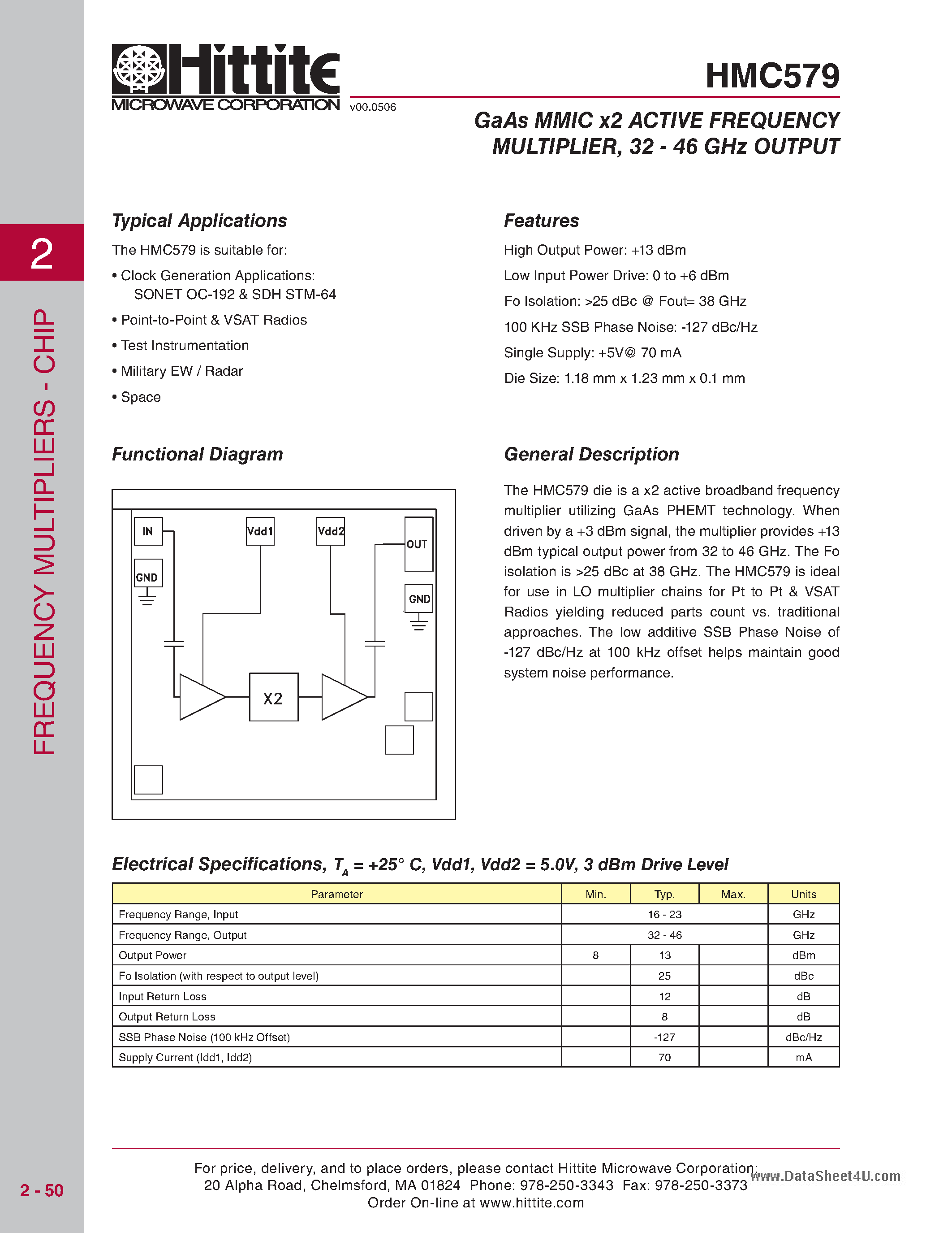 Даташит HMC579 - GaAs MMIC x2 ACTIVE FREQUENCY MULTIPLIER страница 1