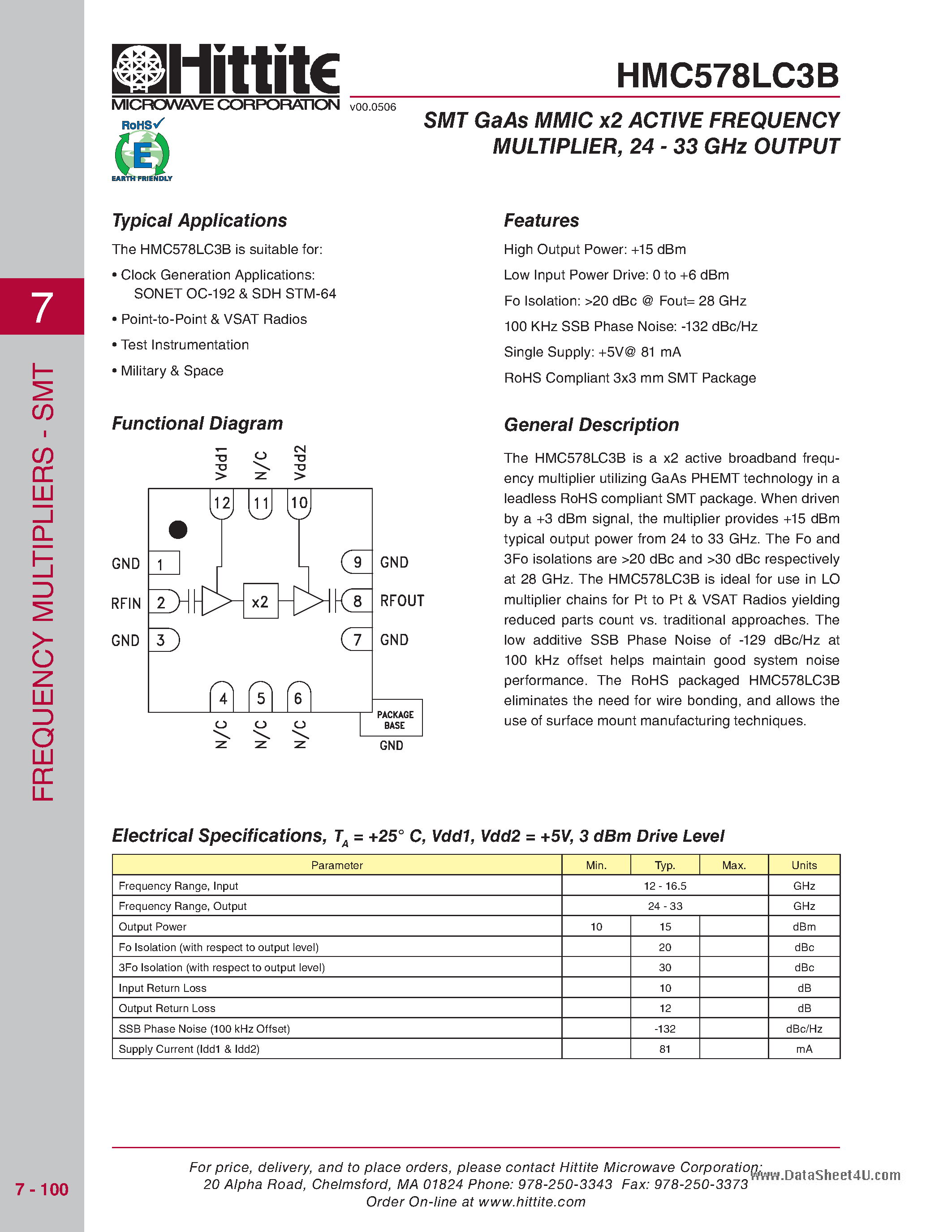 Даташит HMC578LC3B - SMT GaAs MMIC x2 ACTIVE FREQUENCY MULTIPLIER страница 1