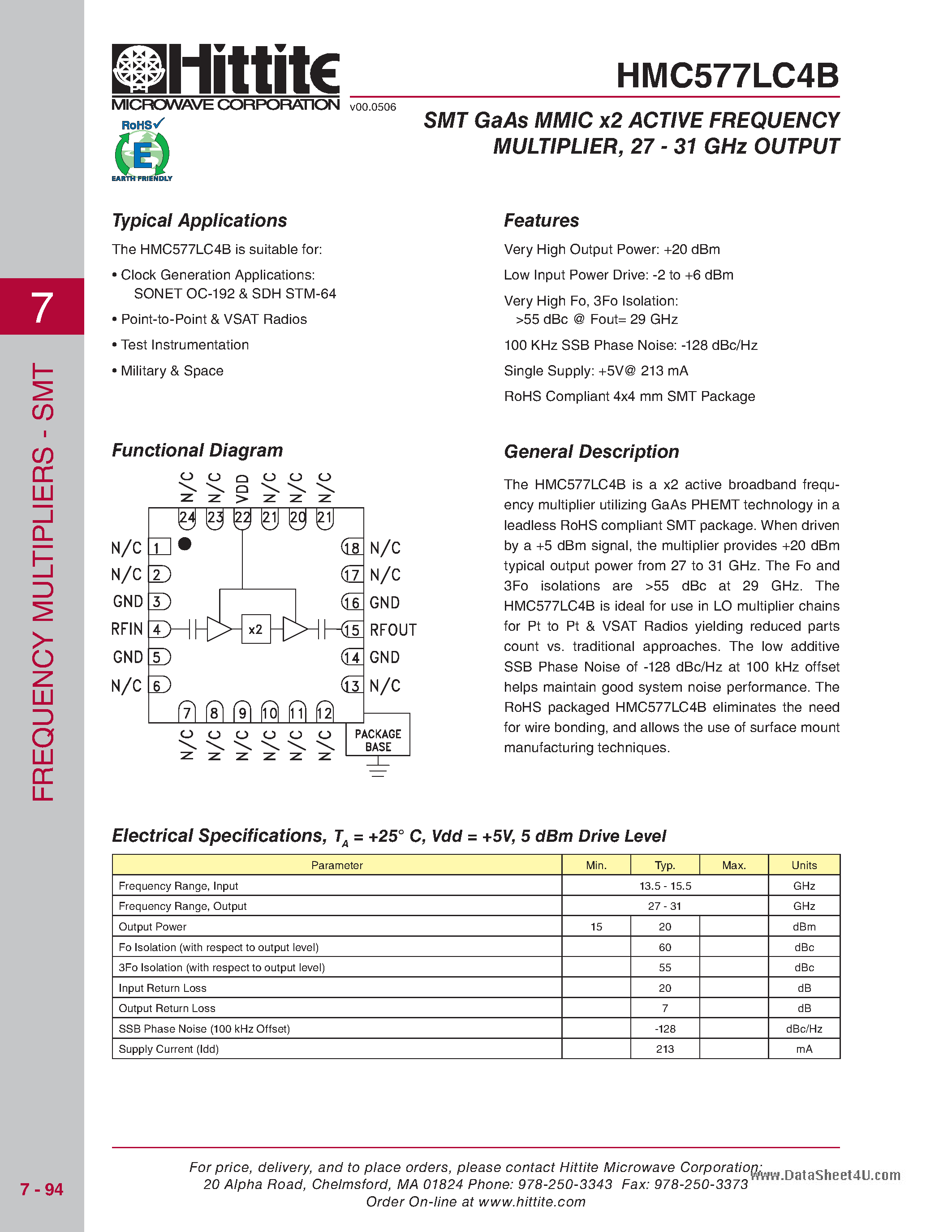 Даташит HMC577LC4B - SMT GaAs MMIC x2 ACTIVE FREQUENCY MULTIPLIER страница 1