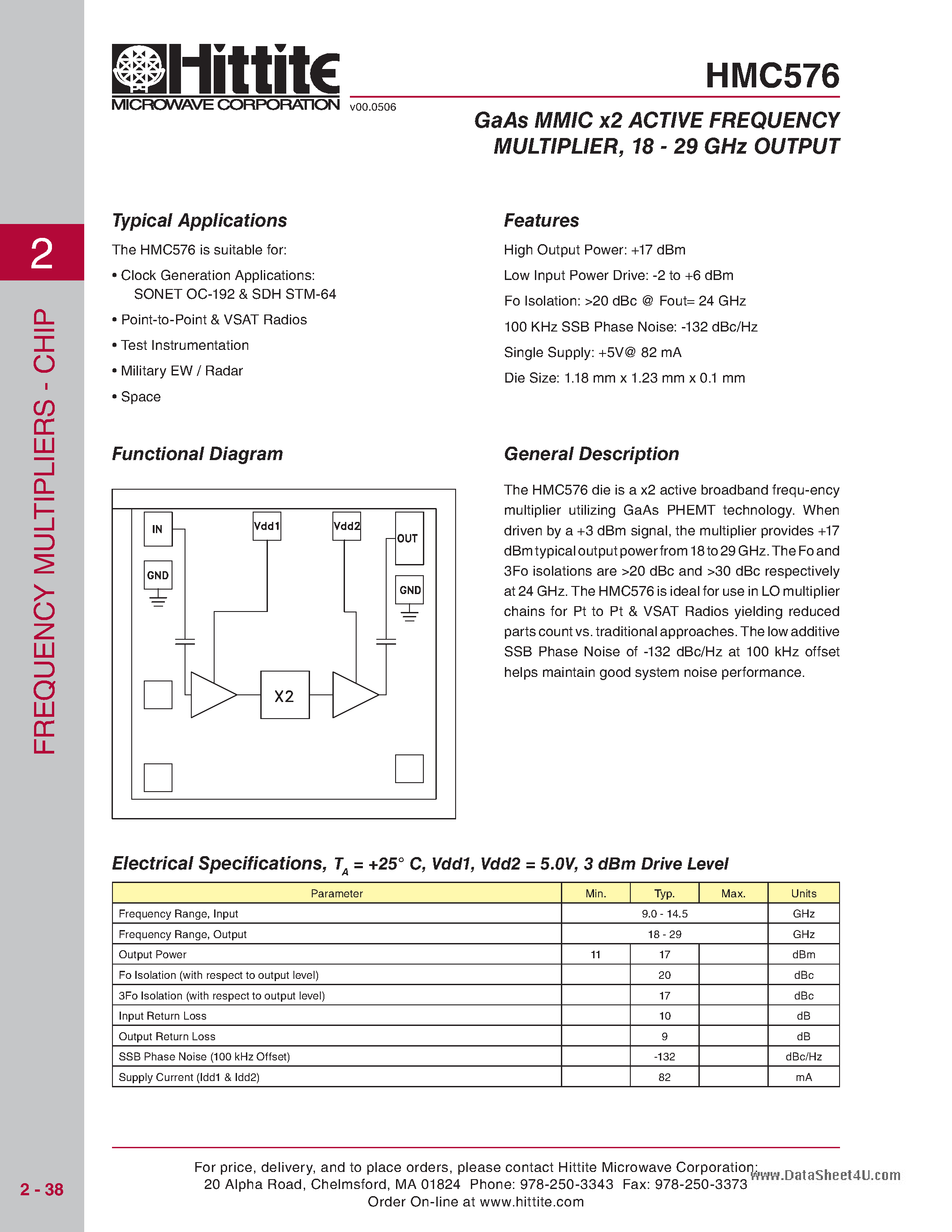 Даташит HMC576 - GaAs MMIC x2 ACTIVE FREQUENCY MULTIPLIER страница 1