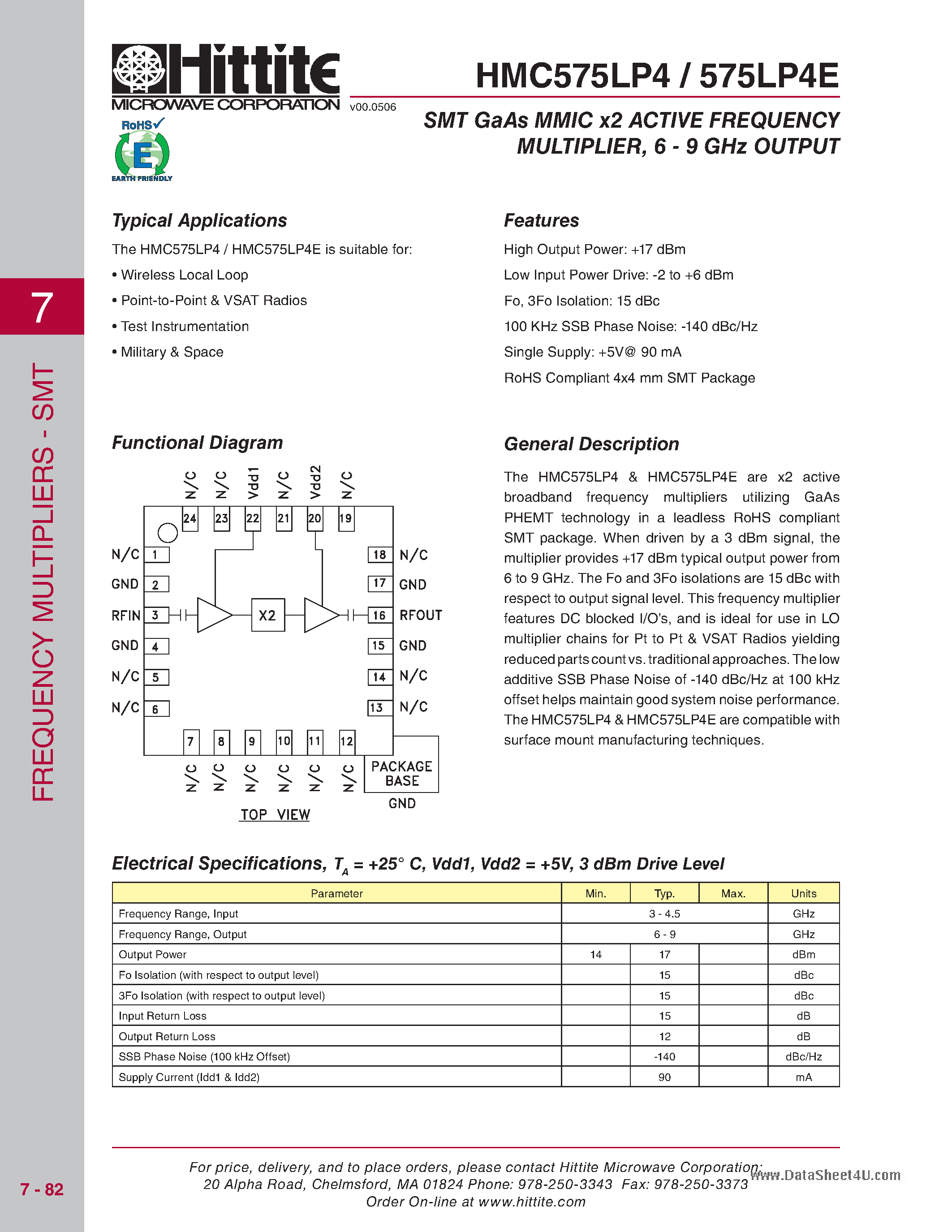 Даташит HMC575LP4 - SMT GaAs MMIC x2 ACTIVE FREQUENCY MULTIPLIER страница 1