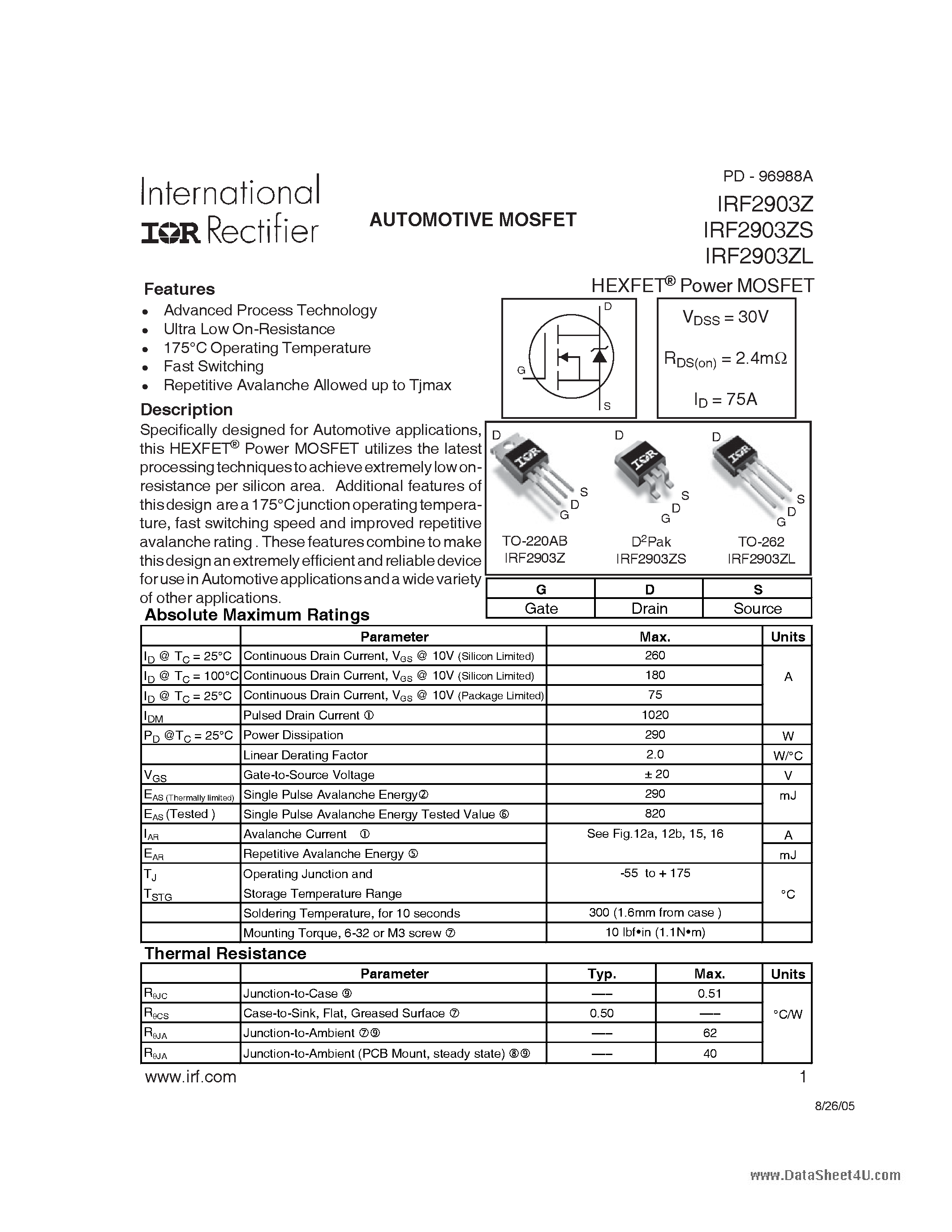 Datasheet IRF2903Z - HEXFET Power MOSFET page 1