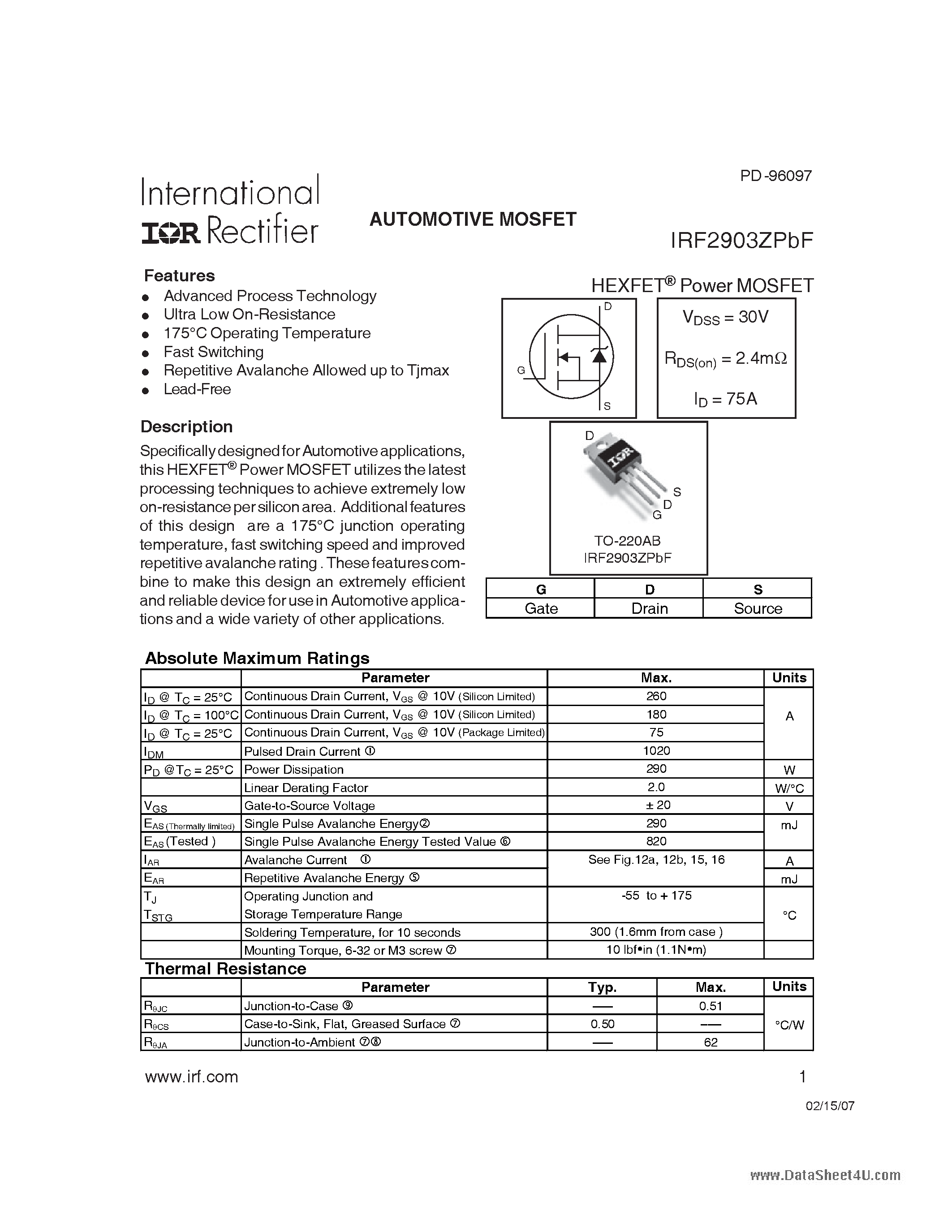 Datasheet IRF2903ZPBF - AUTOMOTIVE MOSFET page 1