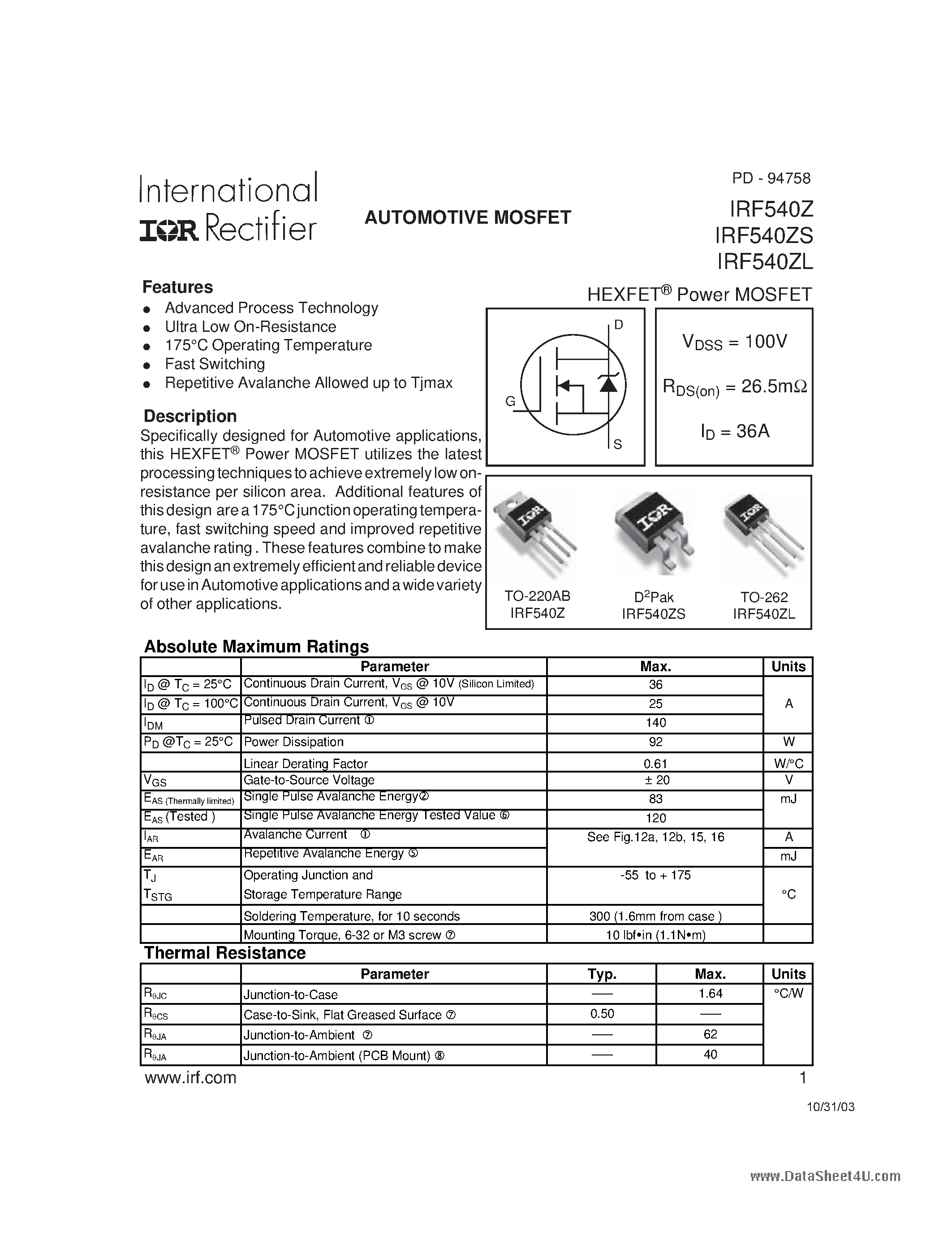 Datasheet IRF540ZL - AUTOMOTIVE MOSFET page 1