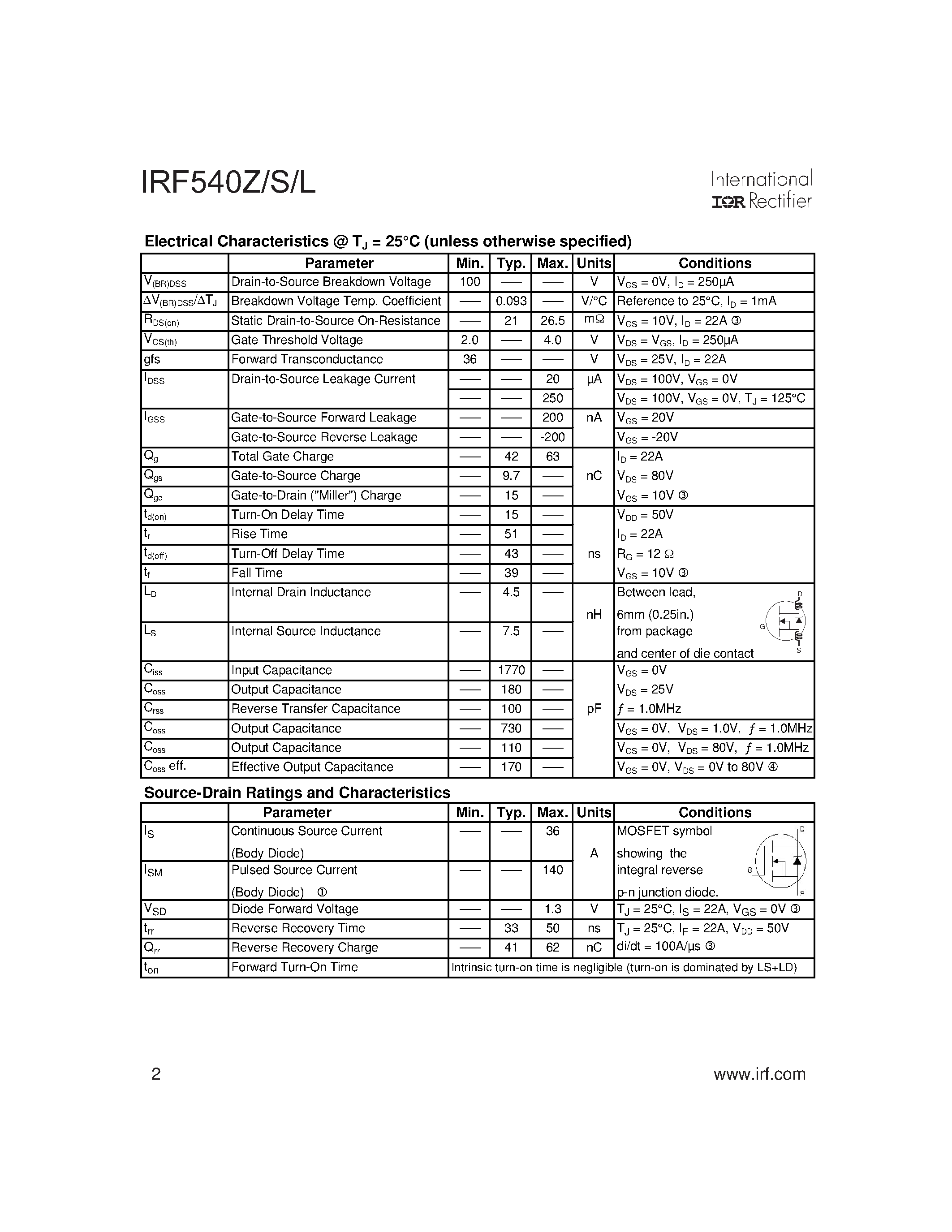Datasheet IRF540ZL - AUTOMOTIVE MOSFET page 2