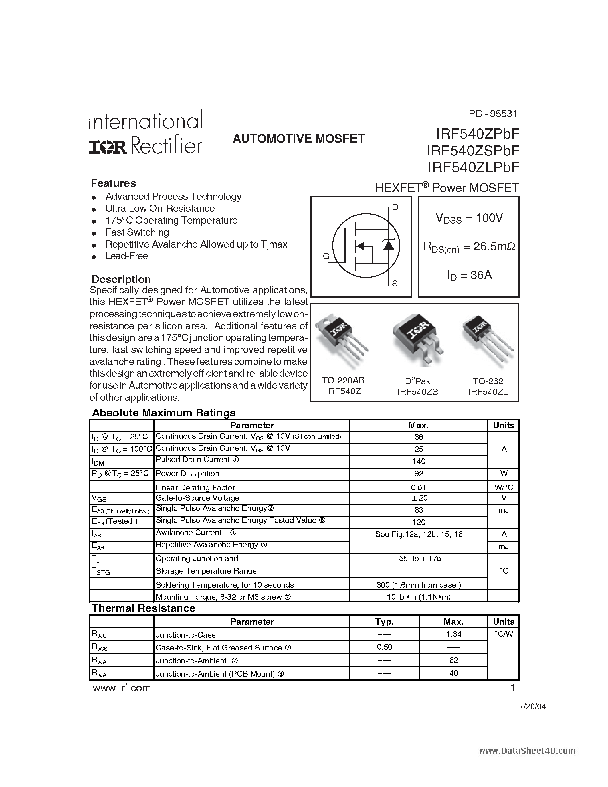 Datasheet IRF540ZLPBF page 1 Datasheet IRF540ZLPBF - AUTOMOTIVE MOSFET page 1