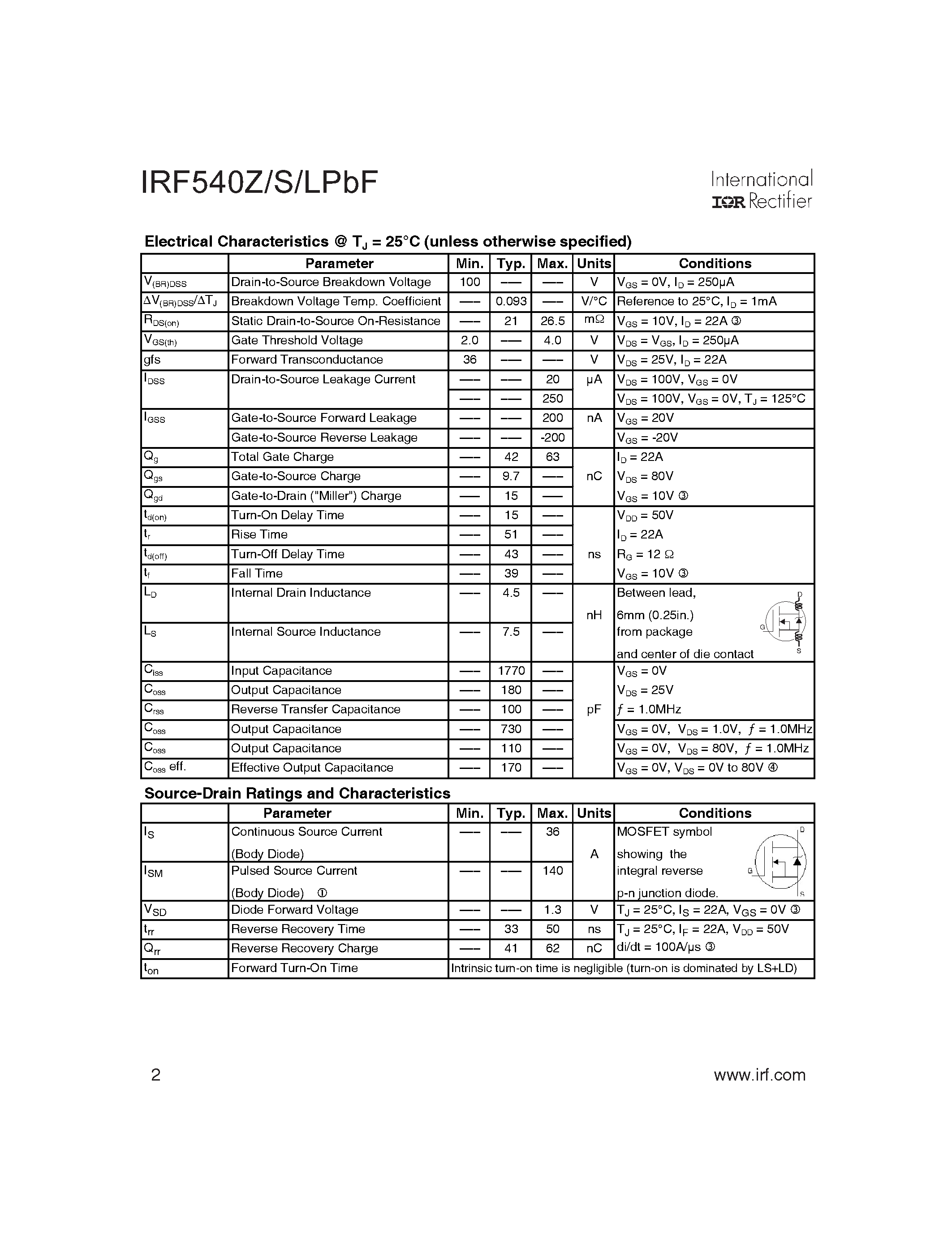 Datasheet IRF540ZLPBF page 2 Datasheet IRF540ZLPBF - AUTOMOTIVE MOSFET page 2