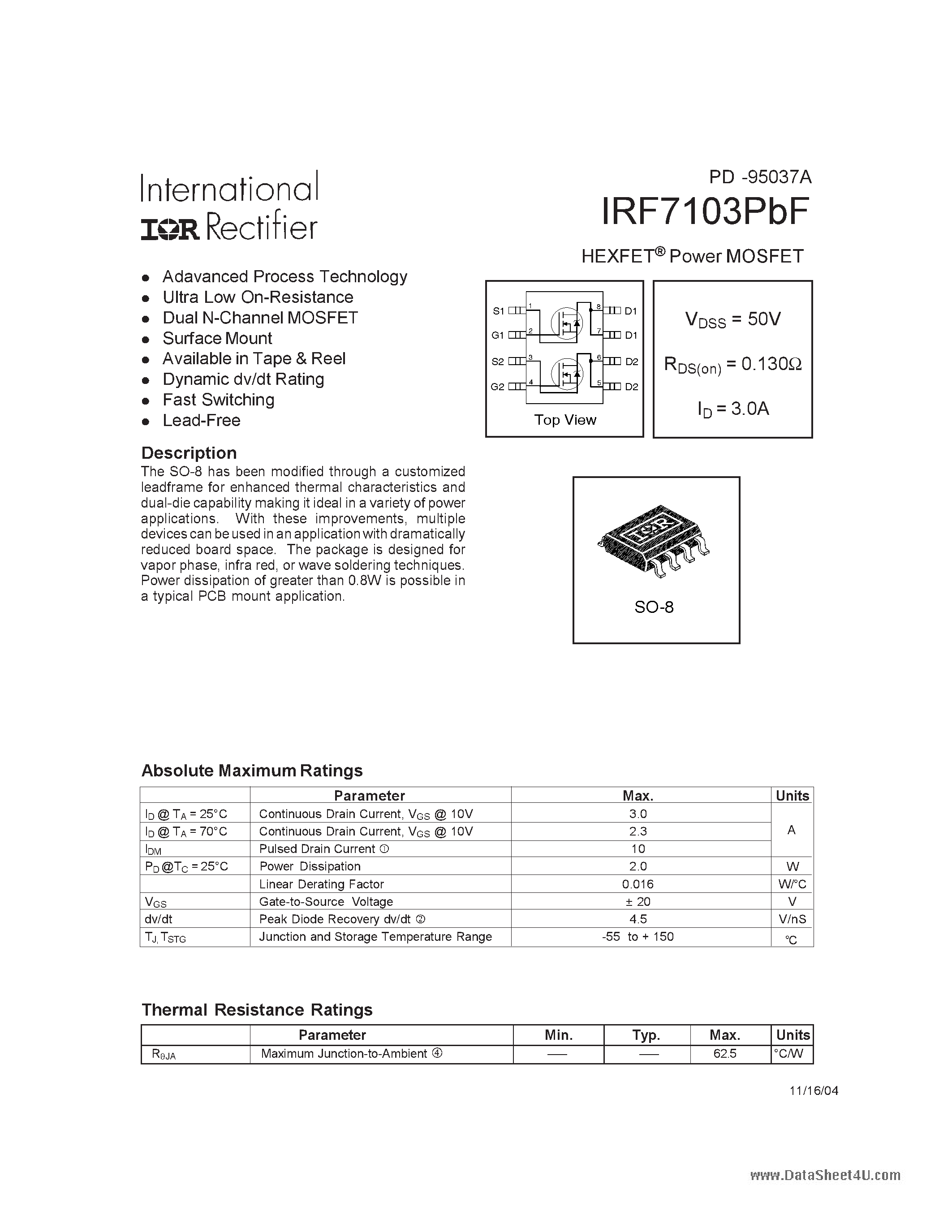 Datasheet IRF7103PBF page 1 Datasheet IRF7103PBF - HEXFET Power MOSFET page 1