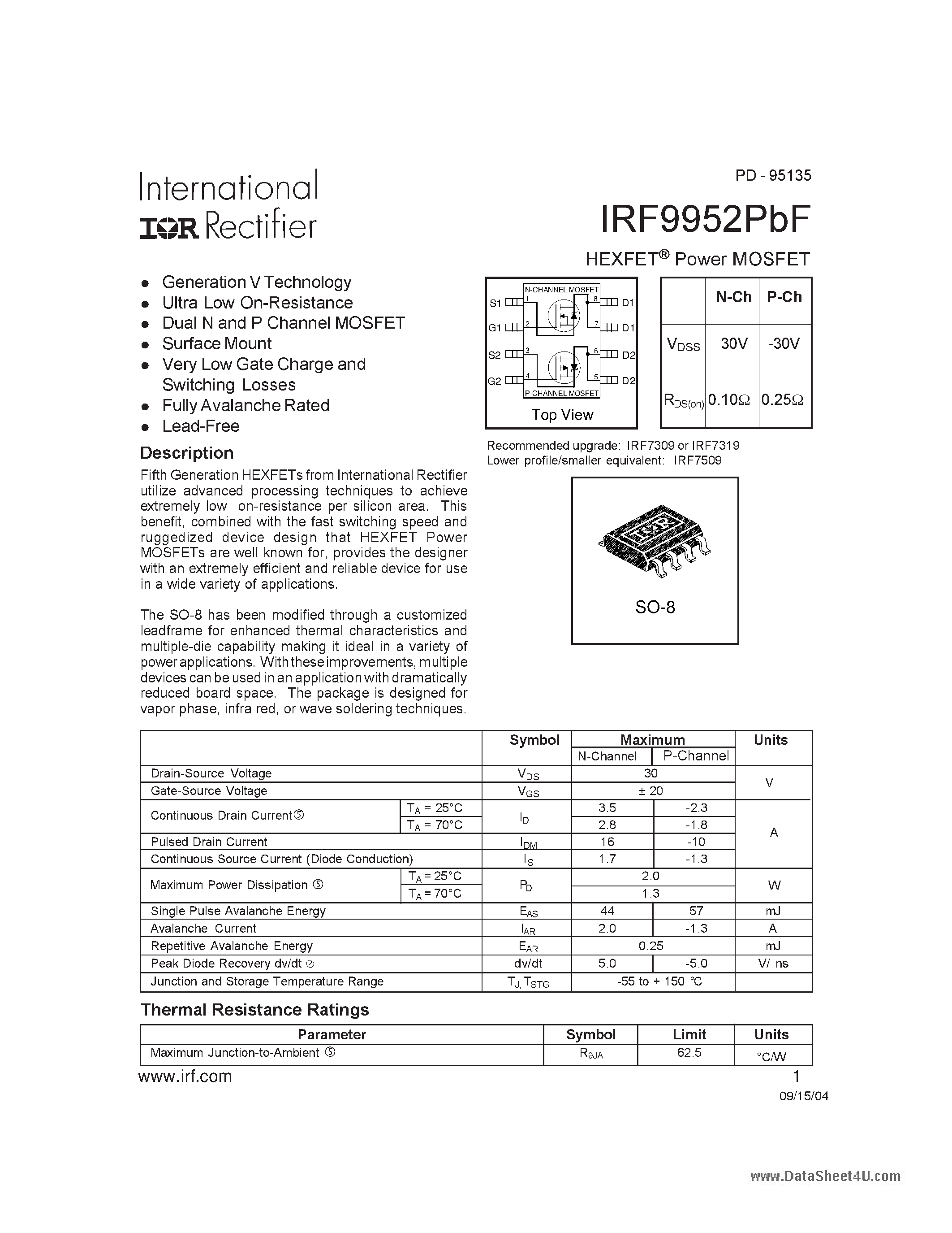 Datasheet IRF9952PBF - HEXFET Power MOSFET page 1