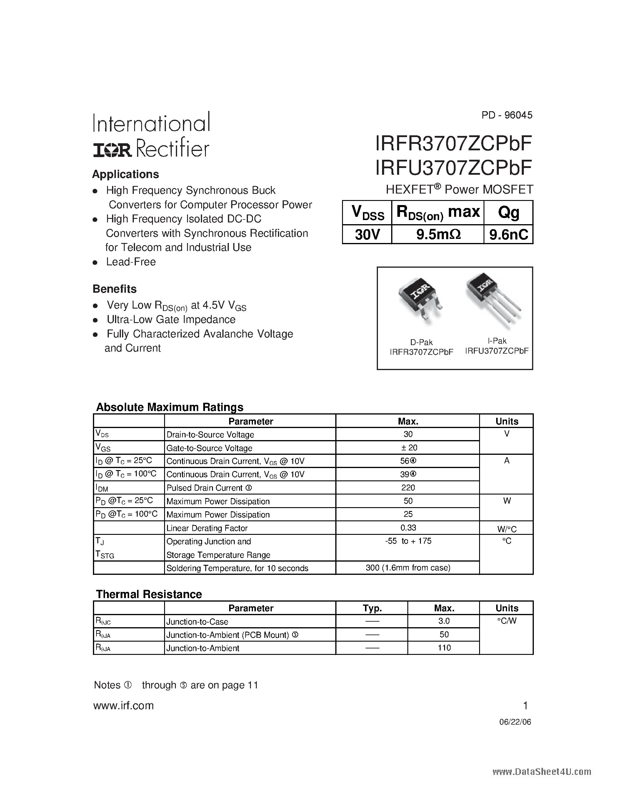Datasheet IRFR3707ZCPBF - HEXFET Power MOSFET page 1