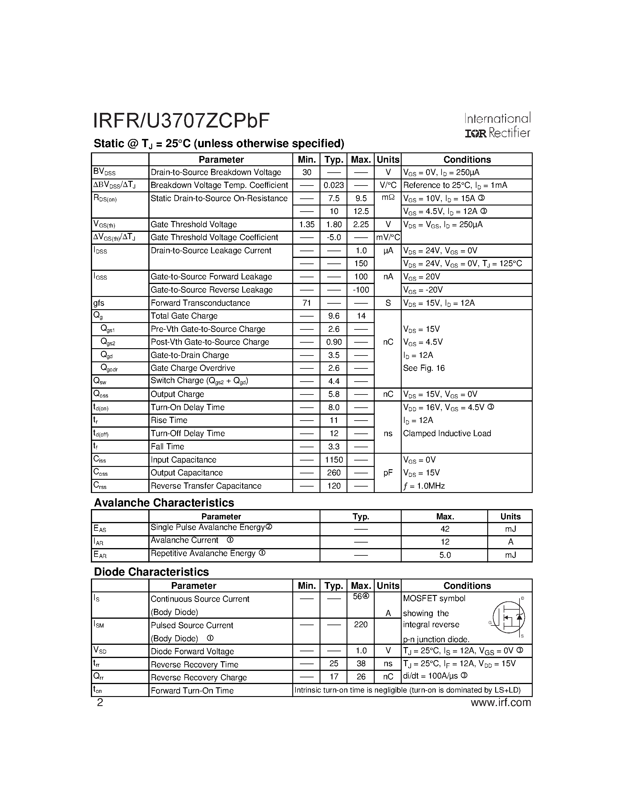 Datasheet IRFR3707ZCPBF - HEXFET Power MOSFET page 2