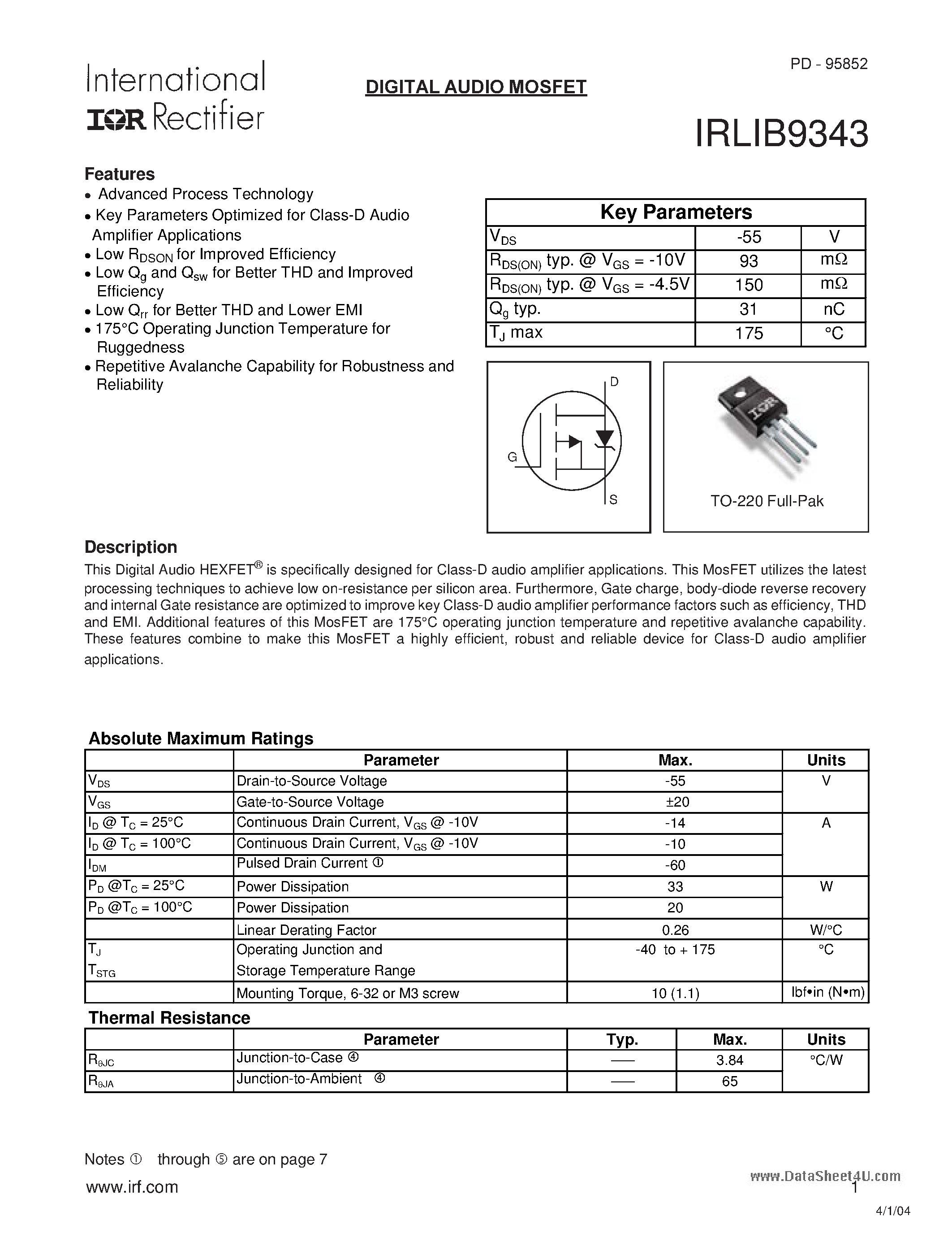 Даташит IRLIB9343 - DIGITAL AUDIO MOSFET страница 1