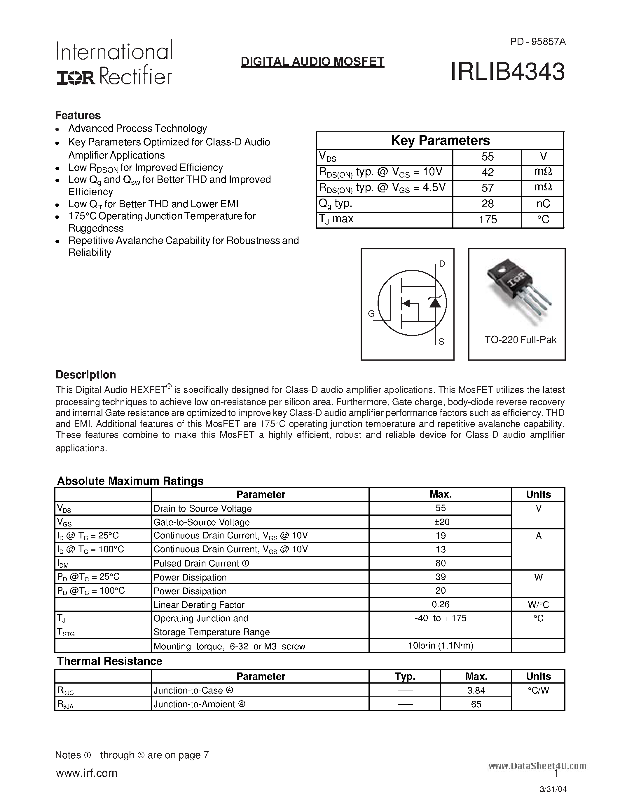 Даташит IRLIB4343 - DIGITAL AUDIO MOSFET страница 1