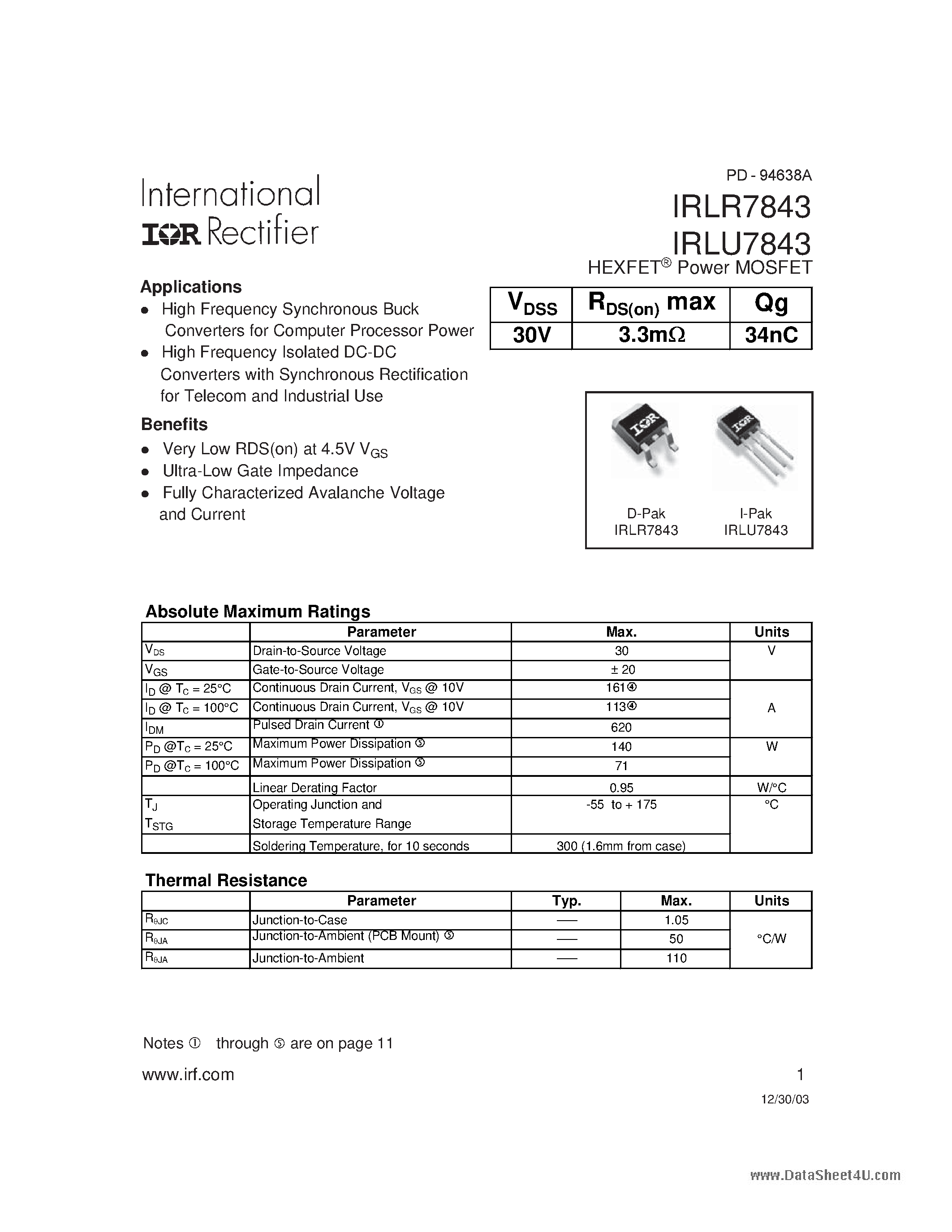 Datasheet IRLR7843 - HEXFET Power MOSFET page 1