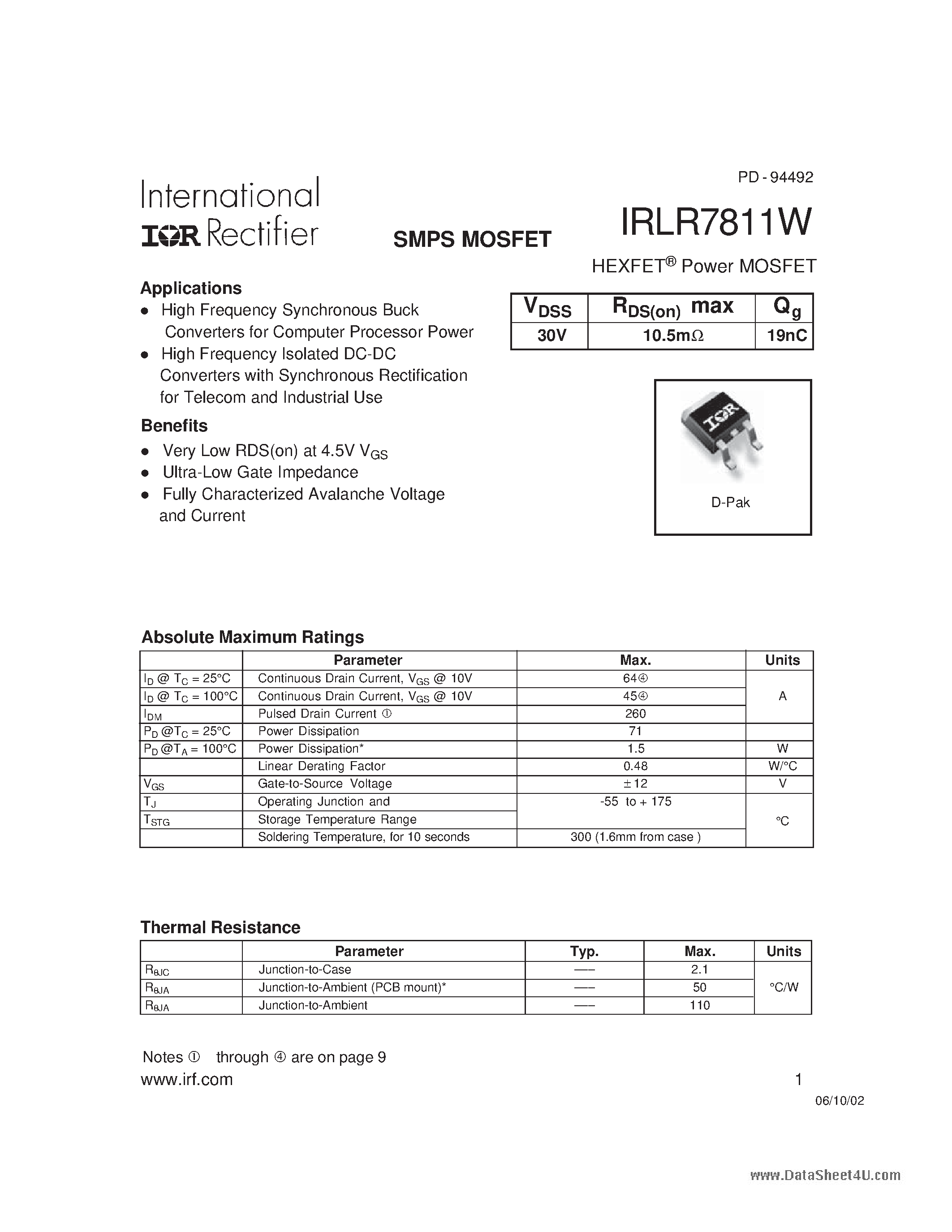 Даташит IRLR7811W - SMPS MOSFET страница 1