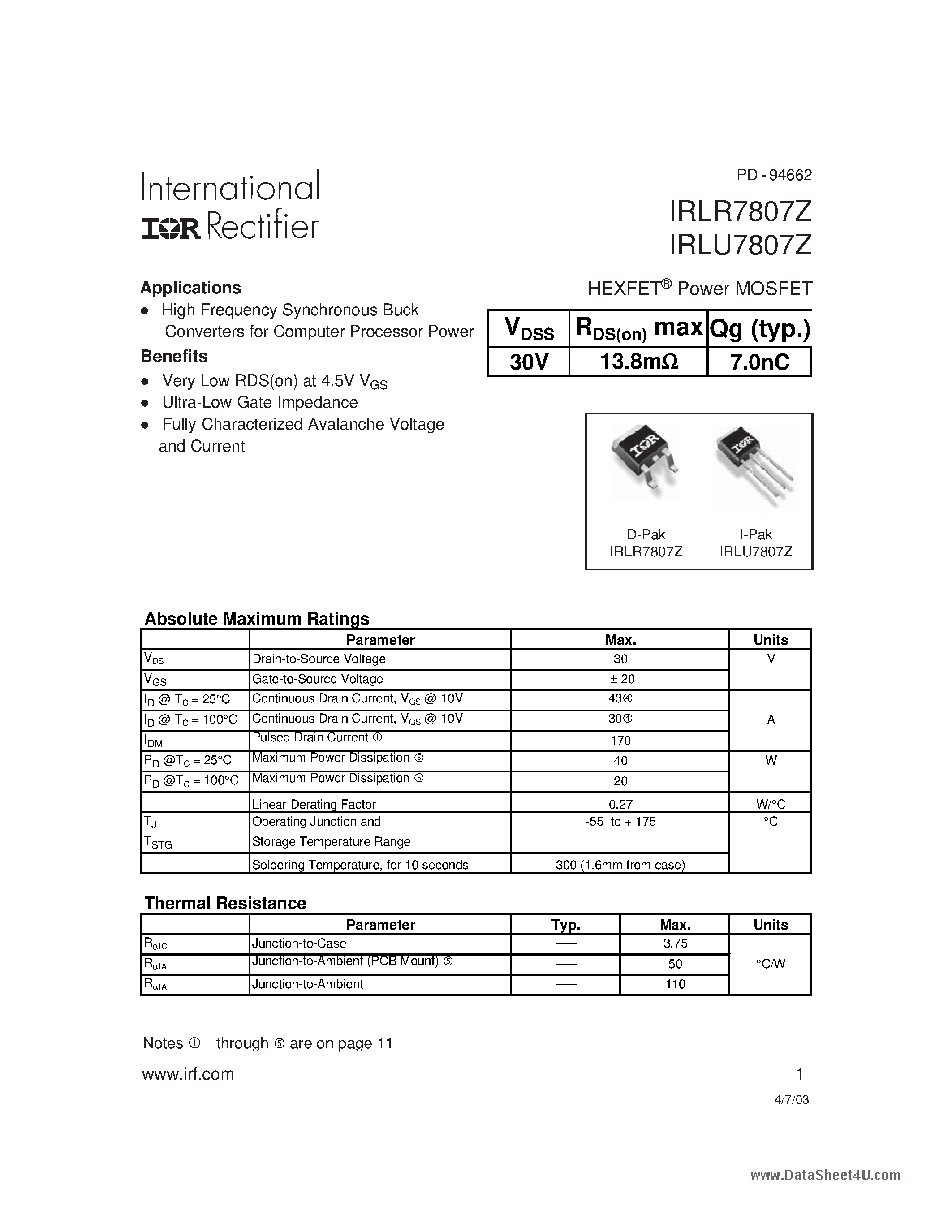 Datasheet IRLR7807Z - HEXFET Power MOSFET page 1