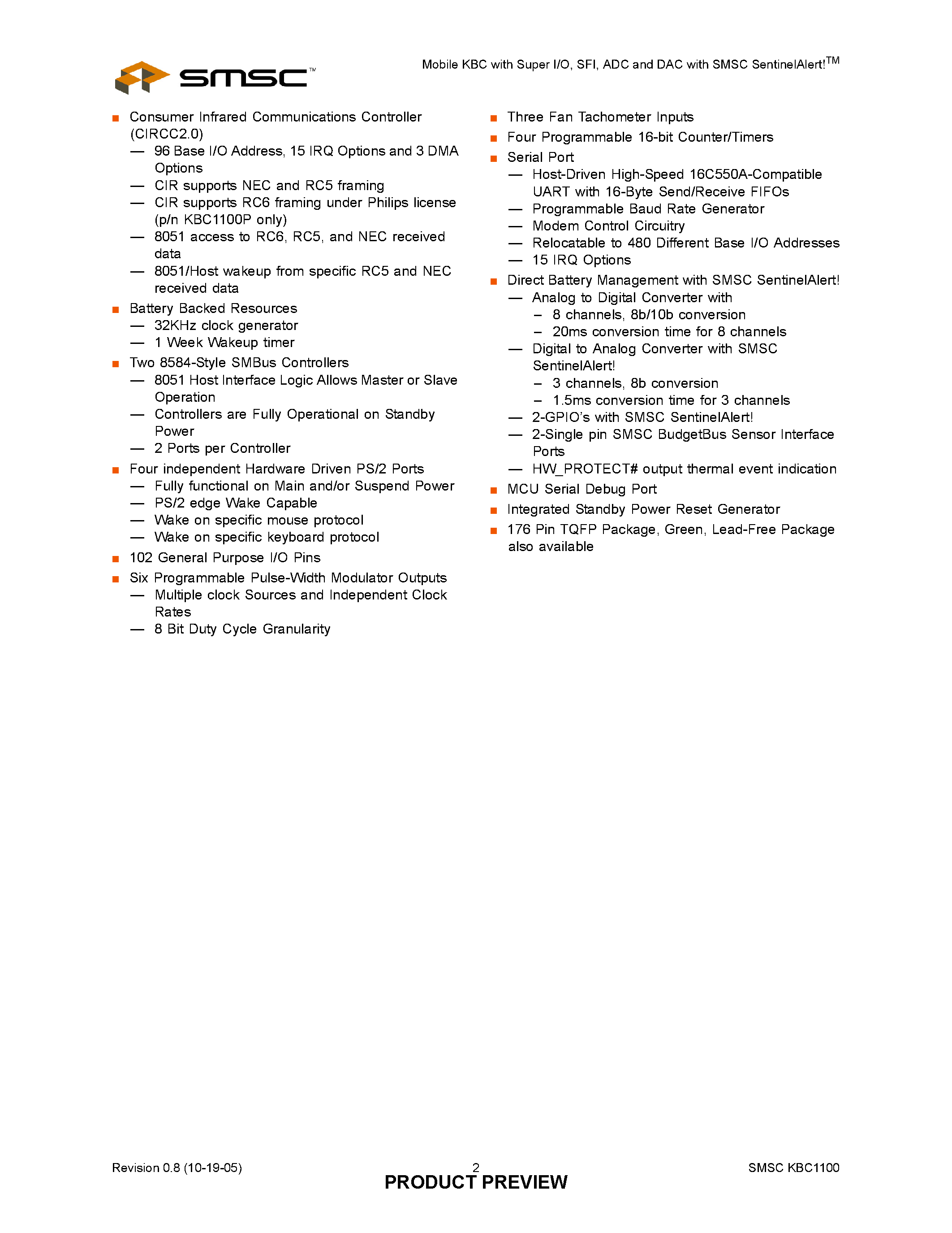 Datasheet KBC1100 - MOBILE KBC WITH SUPER I/O page 2