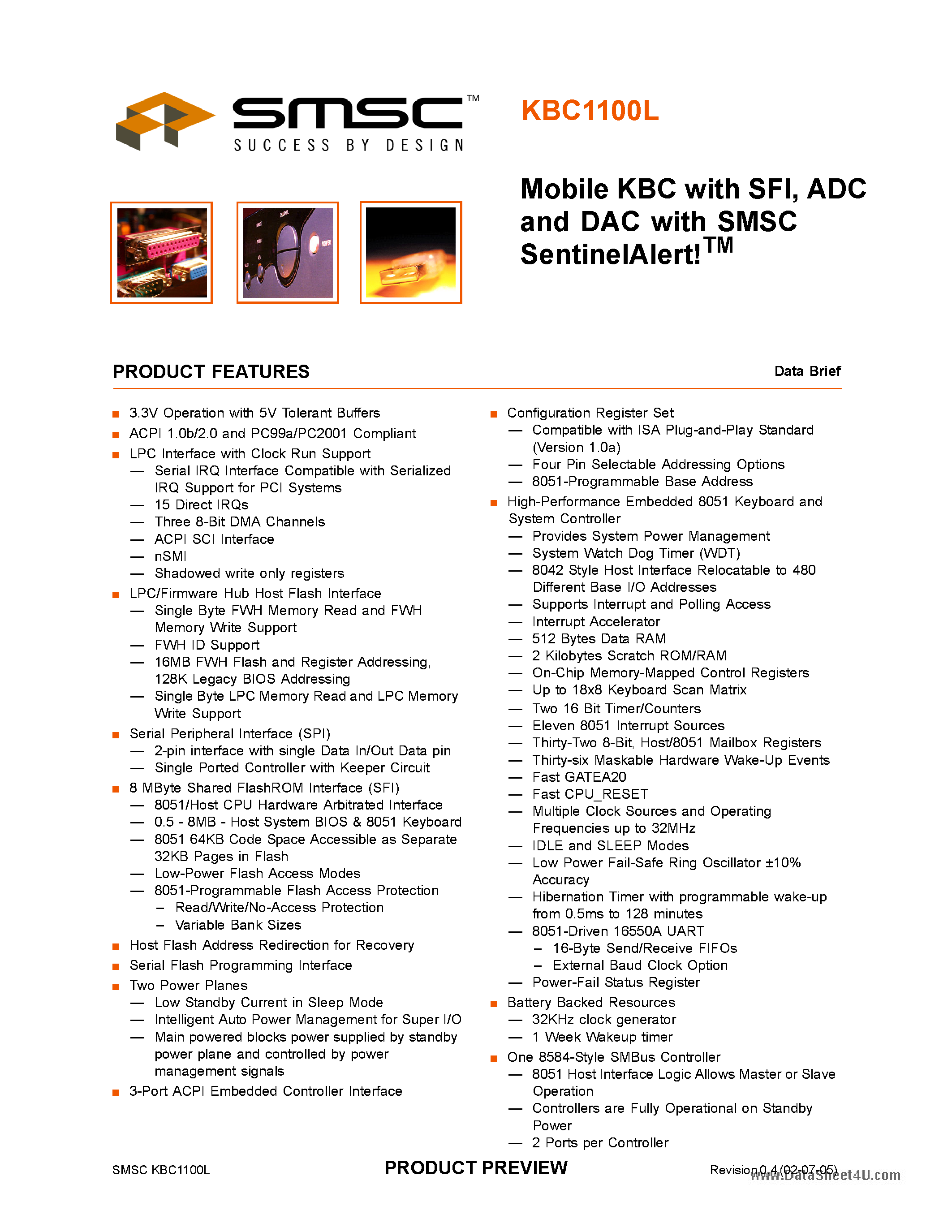 Datasheet KBC1100L - MOBILE KBC WITH SFI ADC AND DAC page 1