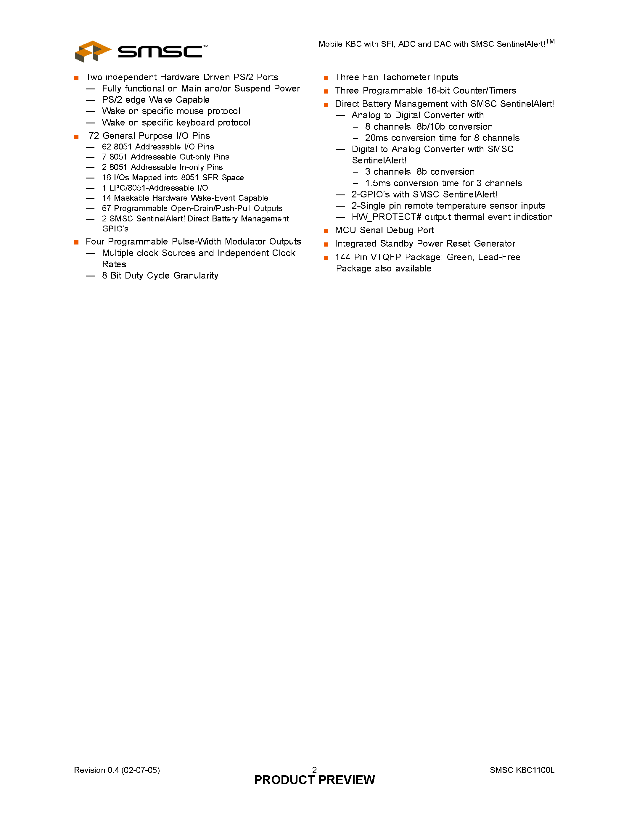 Datasheet KBC1100L - MOBILE KBC WITH SFI ADC AND DAC page 2