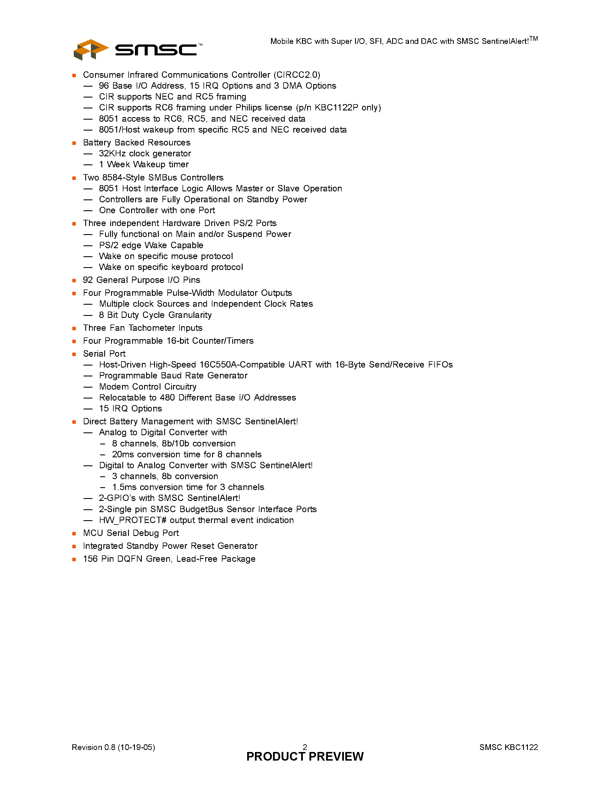 Datasheet KBC1122 page 2 Datasheet KBC1122 - MOBILE KBC WITH SUPER I/O page 2