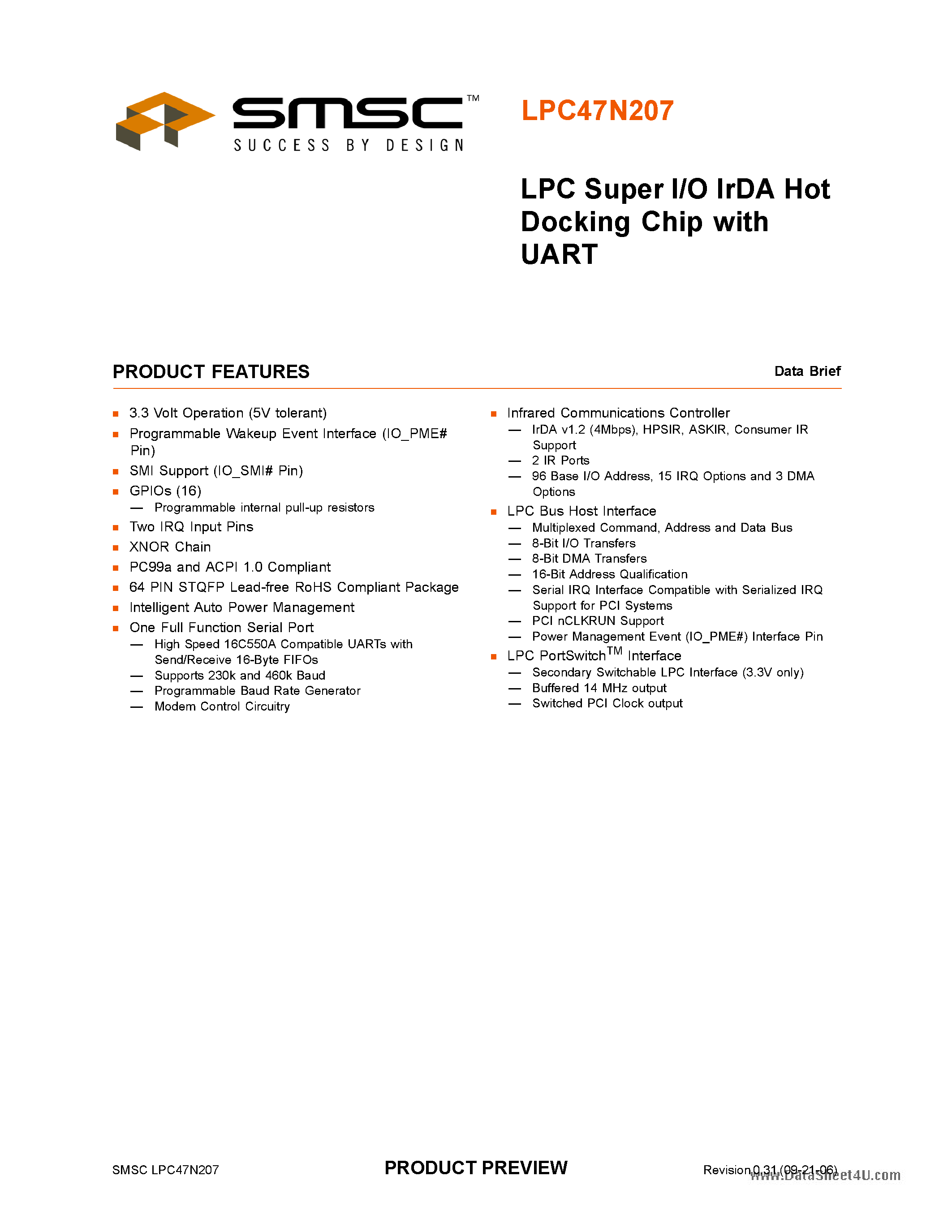 Datasheet LPC47N207 - LPC Super I/O IrDA Hot Docking Chip page 1