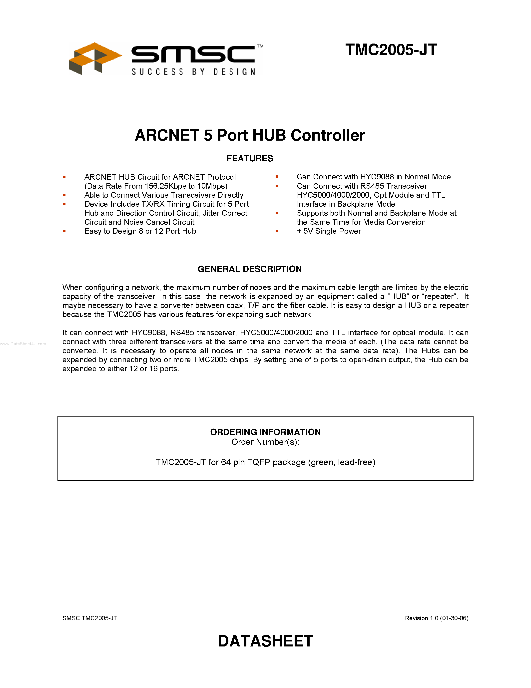 Datasheet TMC2005-JT - ARCNET 5 Port HUB Controller page 1