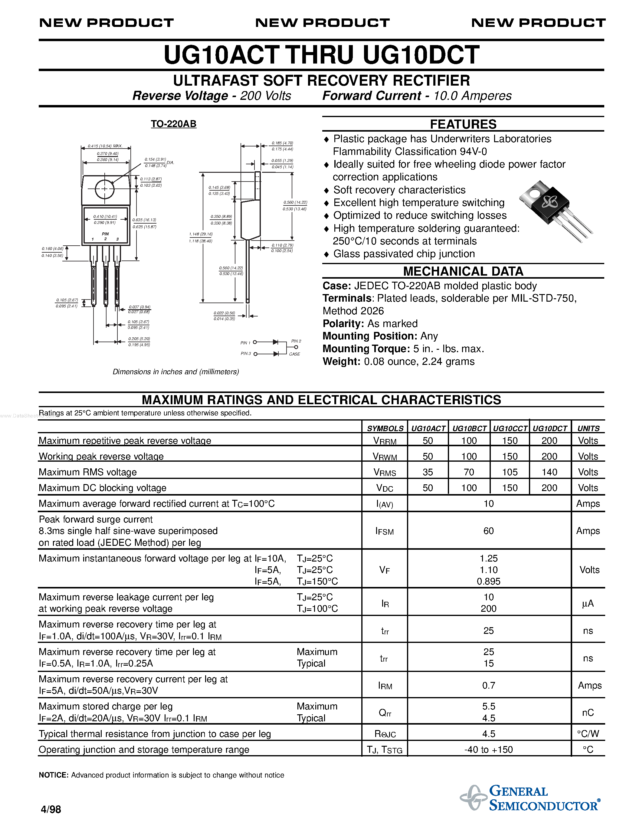 Datasheet UG10ACT page 1 Datasheet UG10ACT - (UG10xCT) ULTRAFAST SOFT RECOVERY RECTIFIER page 1