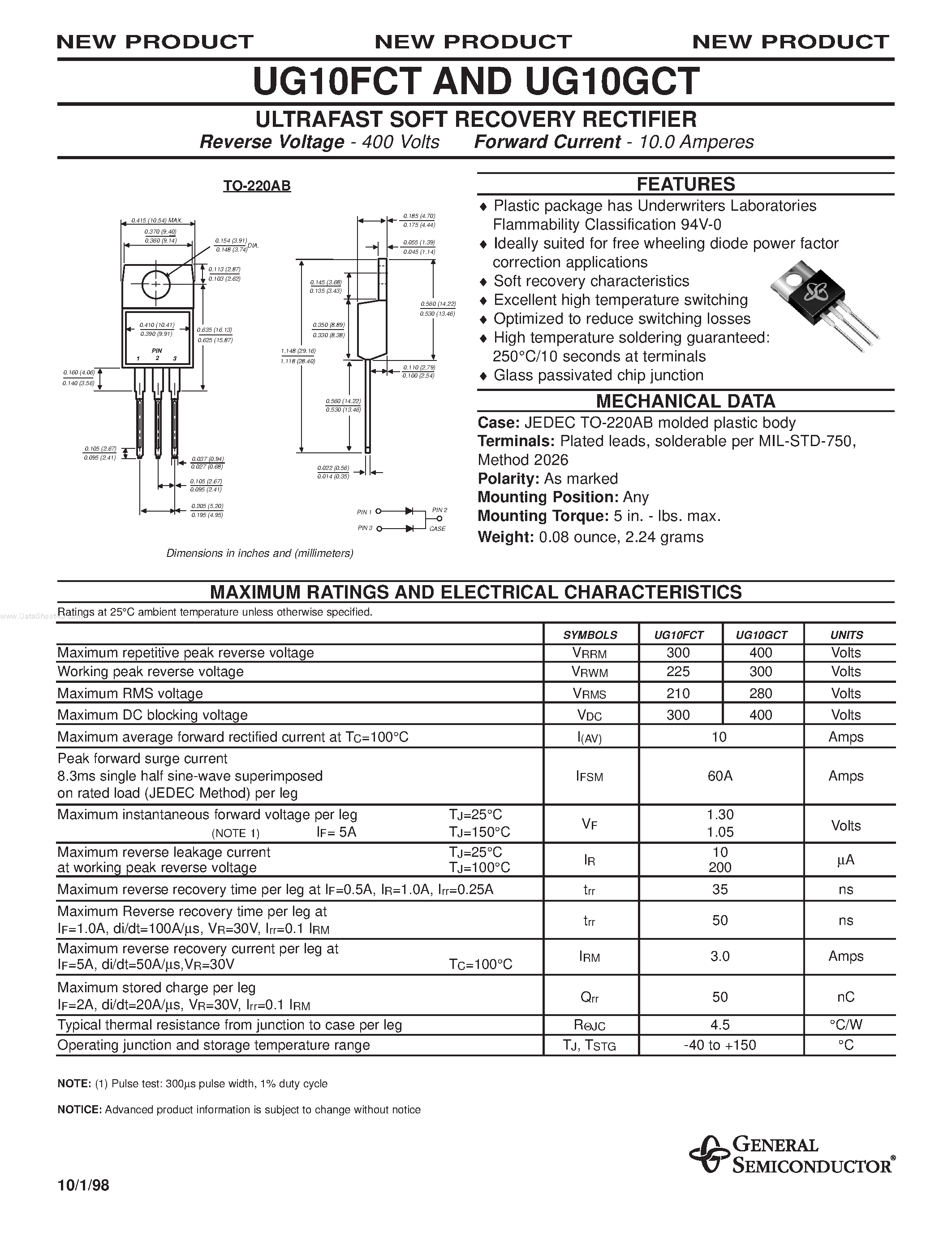 Datasheet UG10FCT page 1 Datasheet UG10FCT - (UG10xCT) ULTRAFAST SOFT RECOVERY RECTIFIER page 1