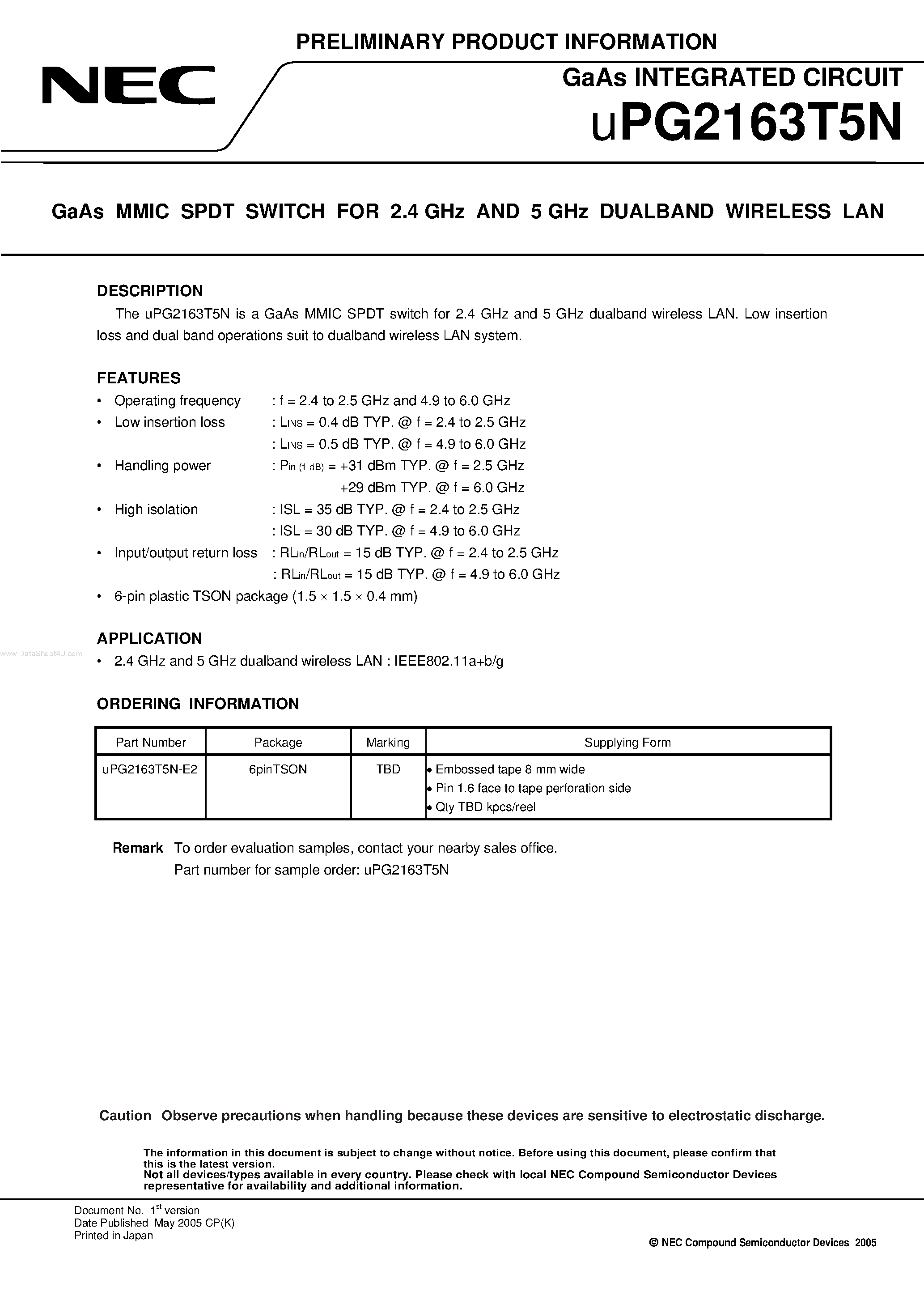 Datasheet UPG2163T5N page 1 Datasheet UPG2163T5N - GaAs MMIC SPDT SWITCH page 1