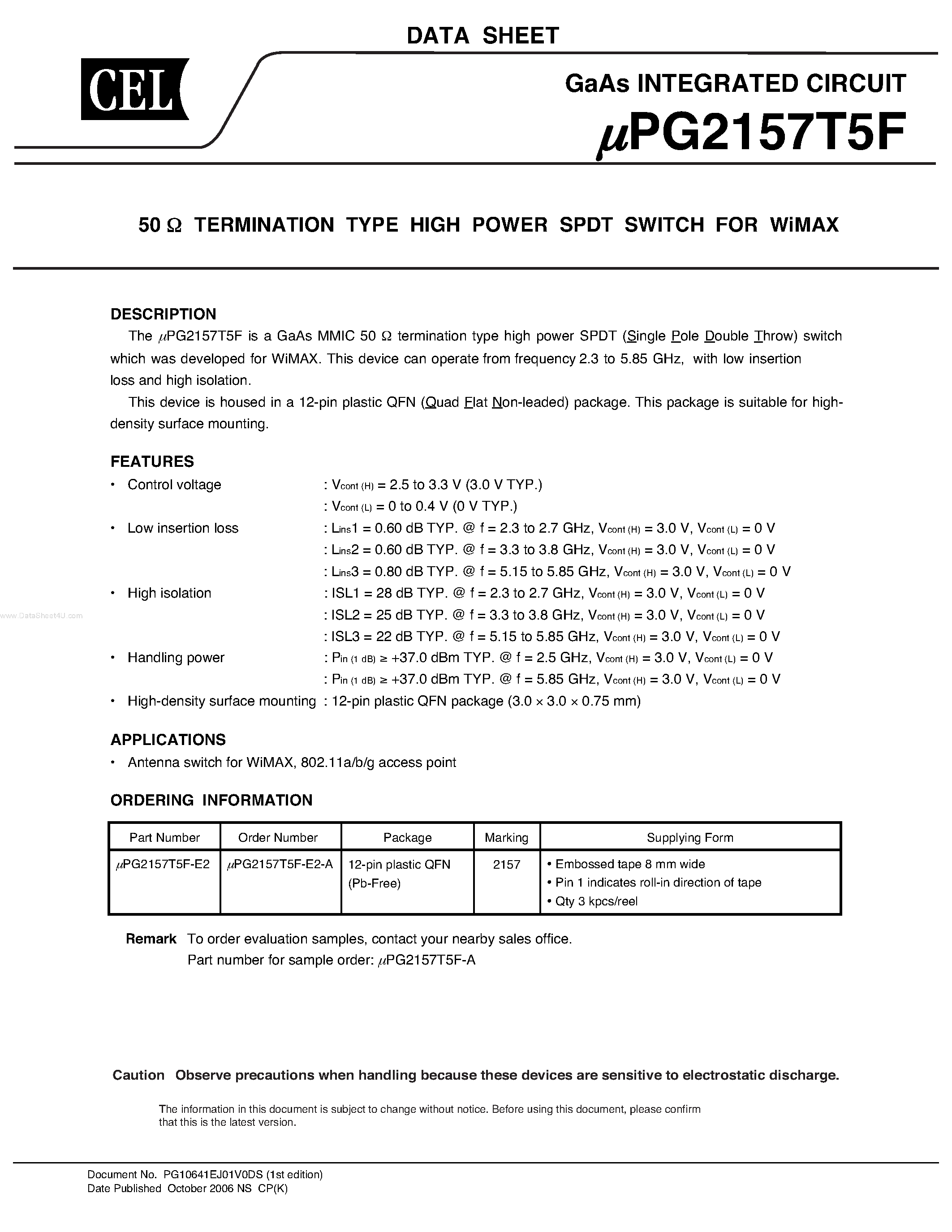 Datasheet UPG2157T5F - TERMINATION TYPE HIGH POWER SPDT SWITCH page 1
