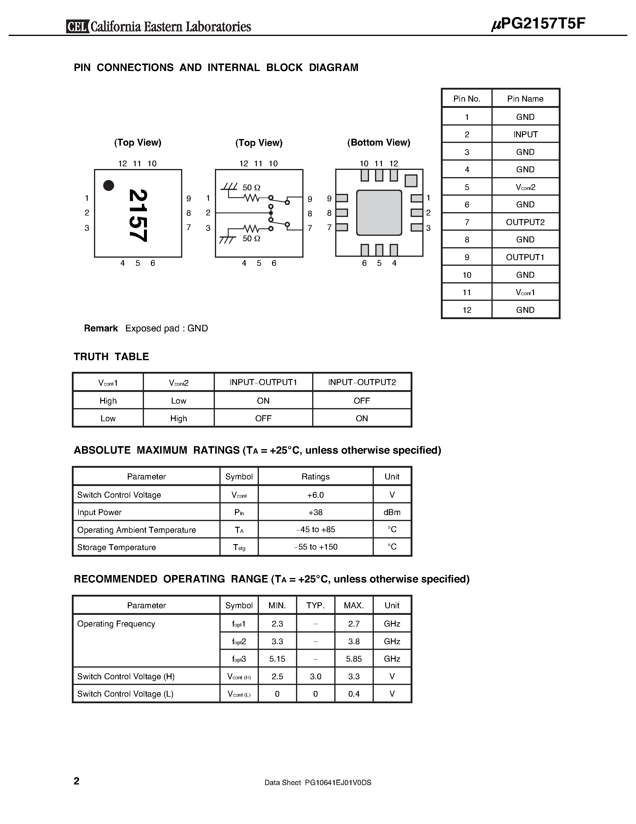 Datasheet UPG2157T5F - TERMINATION TYPE HIGH POWER SPDT SWITCH page 2