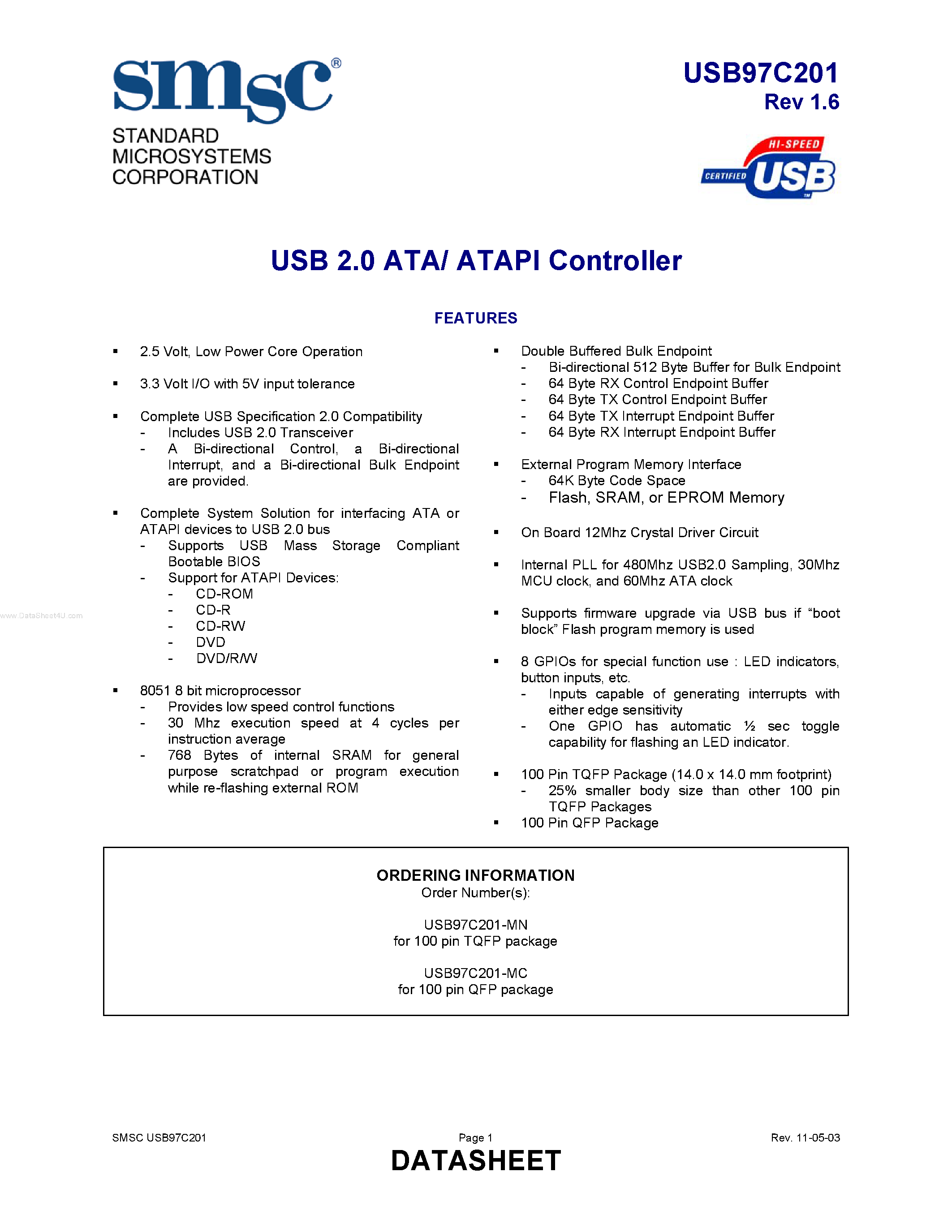 Datasheet USB97C201 page 1 Datasheet USB97C201 - USB 2.0 ATA/ ATAPI Controller page 1
