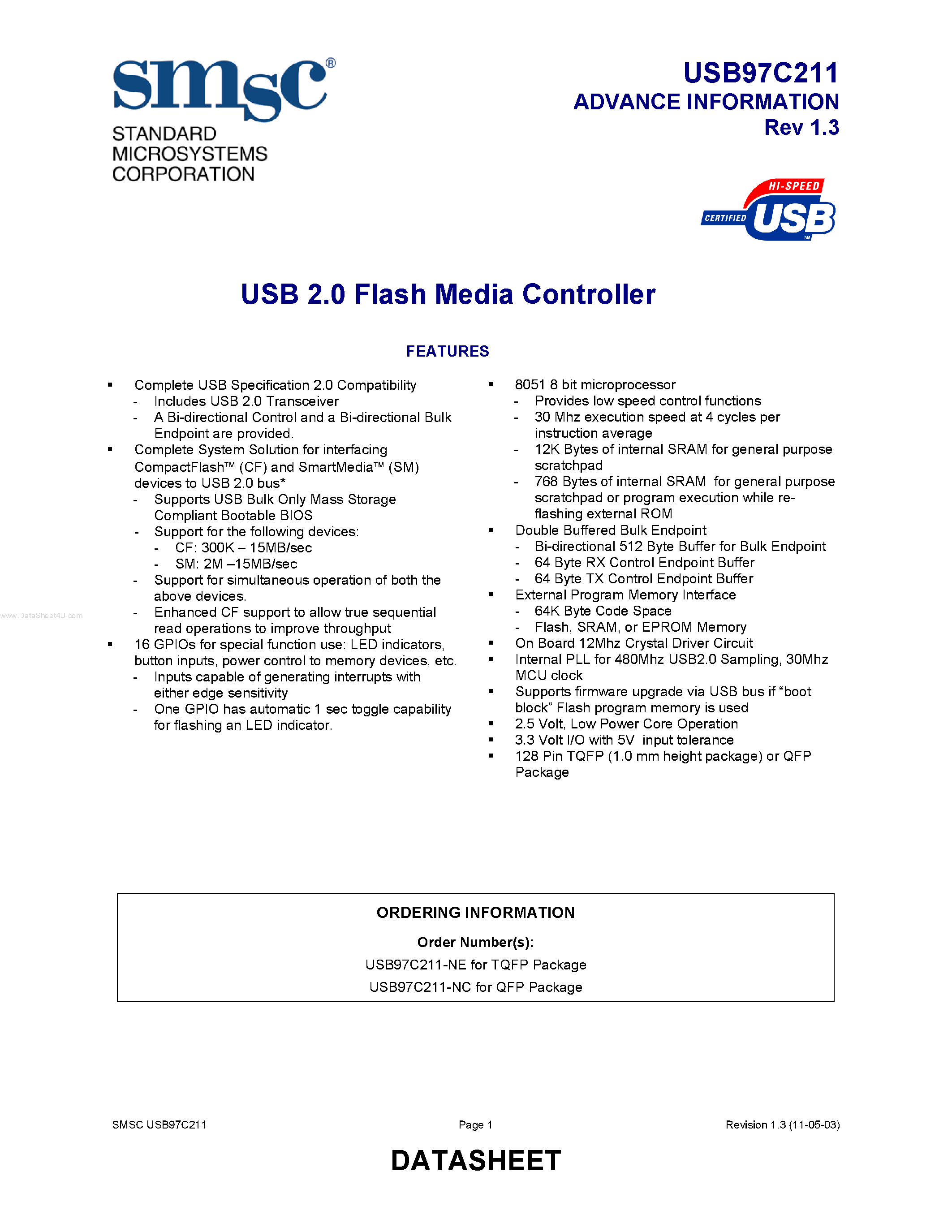 Datasheet USB97C211 page 1 Datasheet USB97C211 - USB 2.0 Flash Media Controller page 1