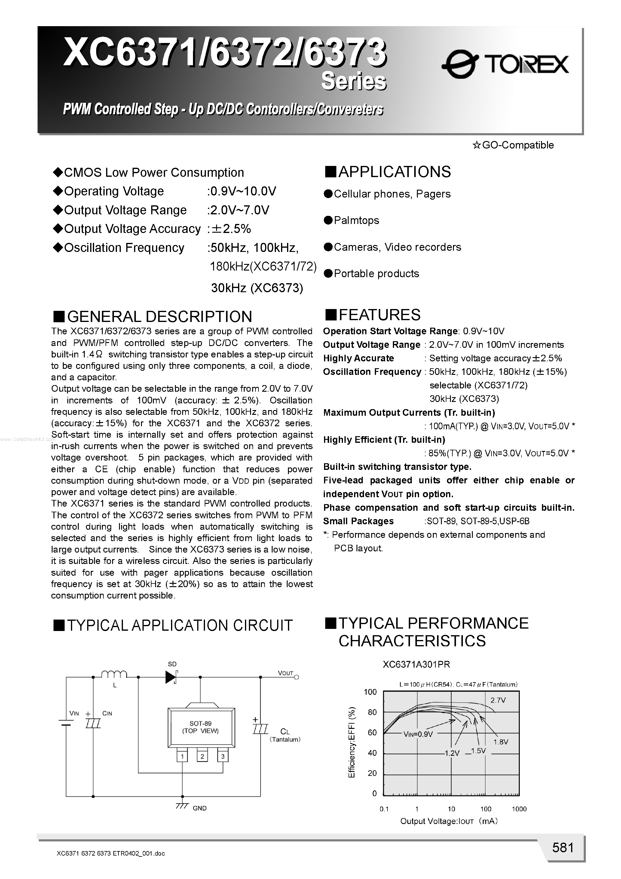Datasheet XC6371 page 1 Datasheet XC6371 - (XC6371 - XC6373) PWM Controlled Step-Up DC/DC Controllers/Converters page 1