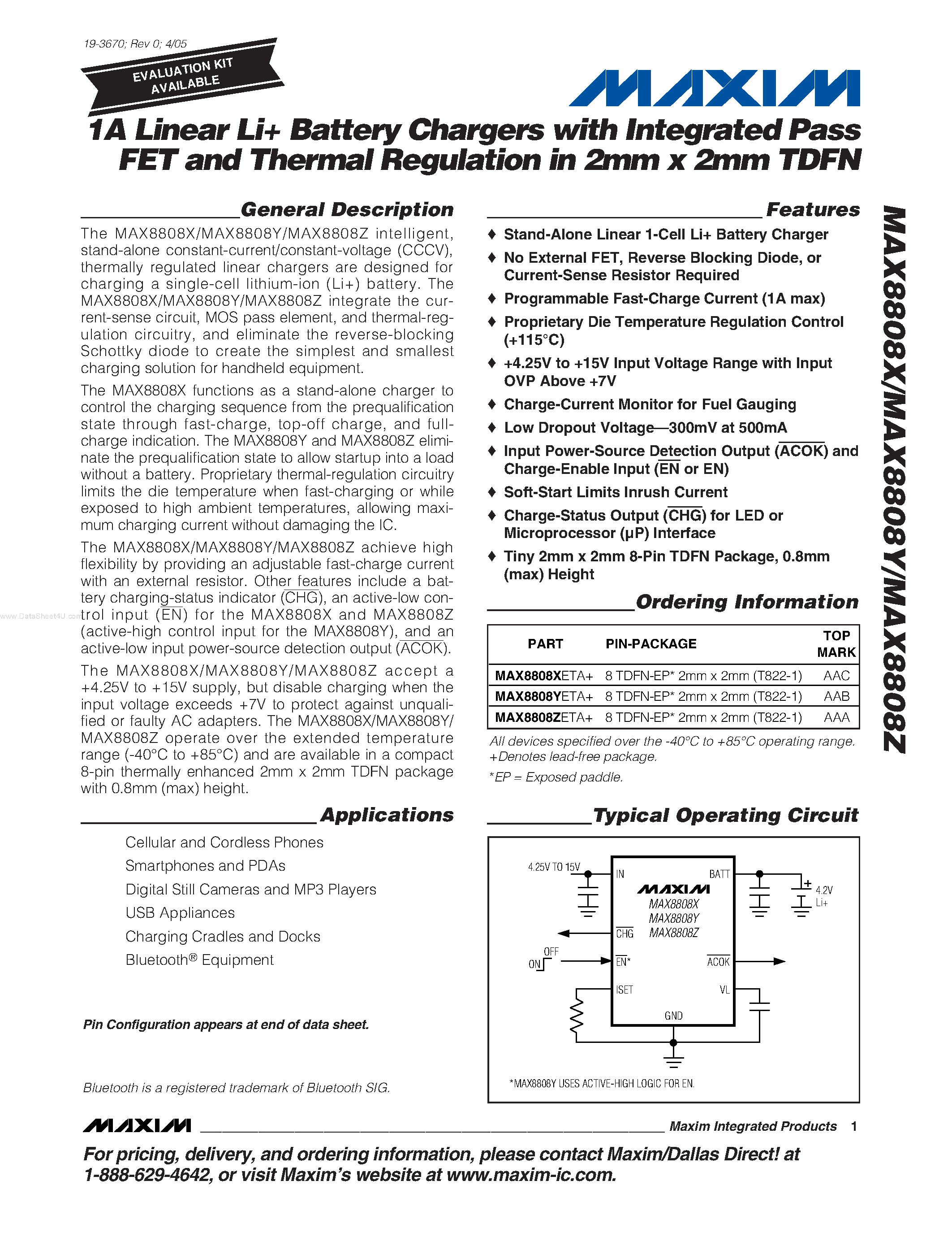 Datasheet MAX8808X - (MAX8808x) 1A Linear Li+ Battery Chargers page 1