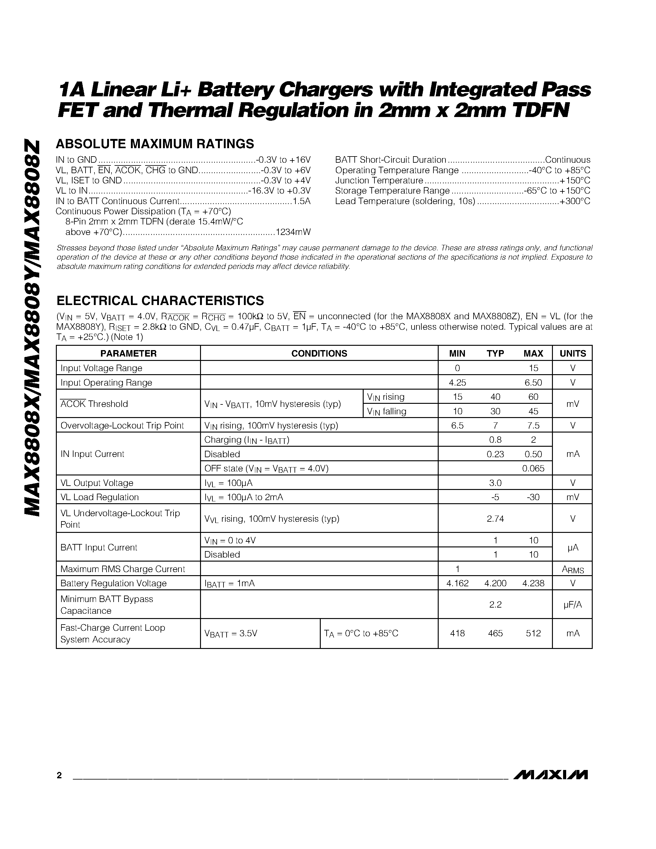 Datasheet MAX8808X - (MAX8808x) 1A Linear Li+ Battery Chargers page 2