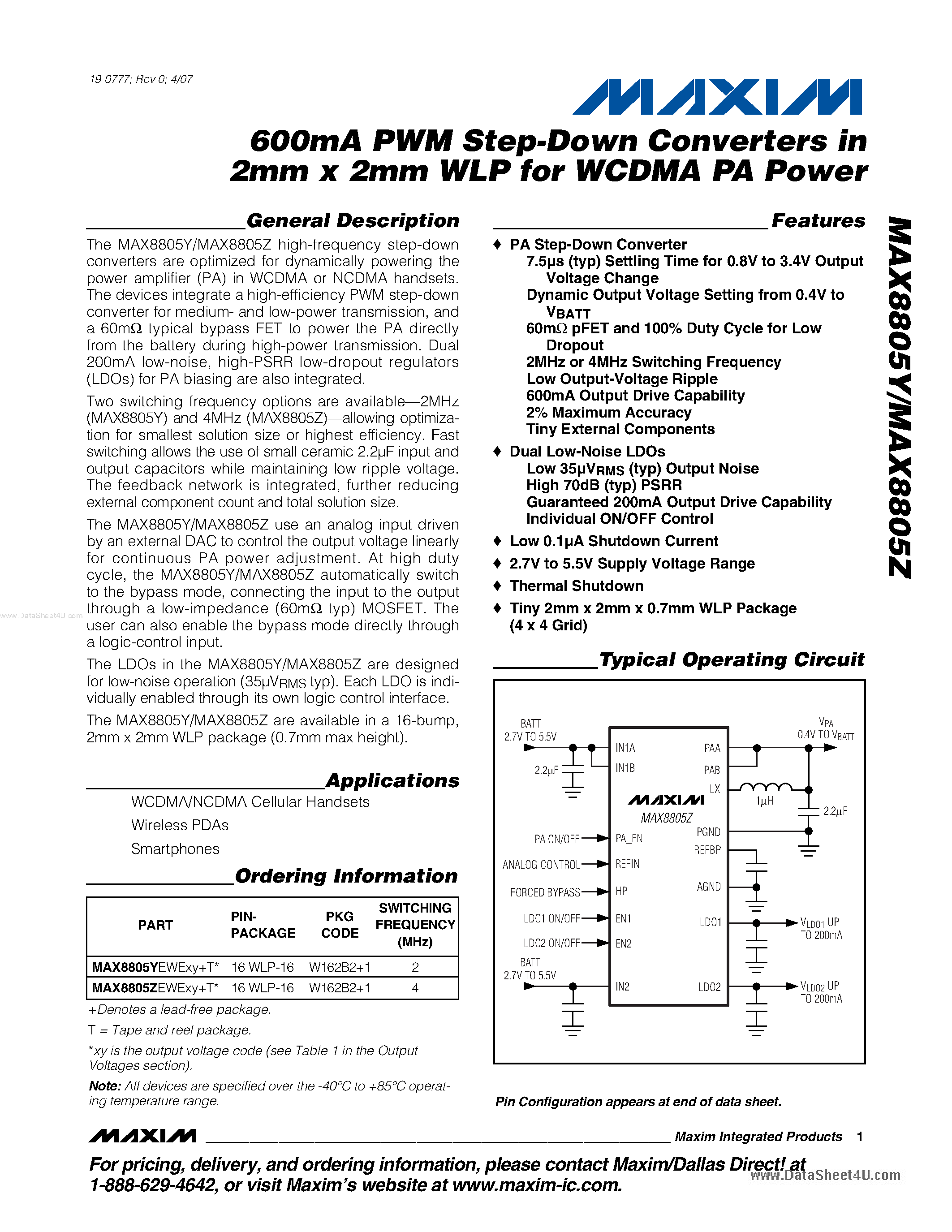 Datasheet MAX8805Y - (MAX8805Y / MAX8805Z) PWM Step-Down Converters page 1