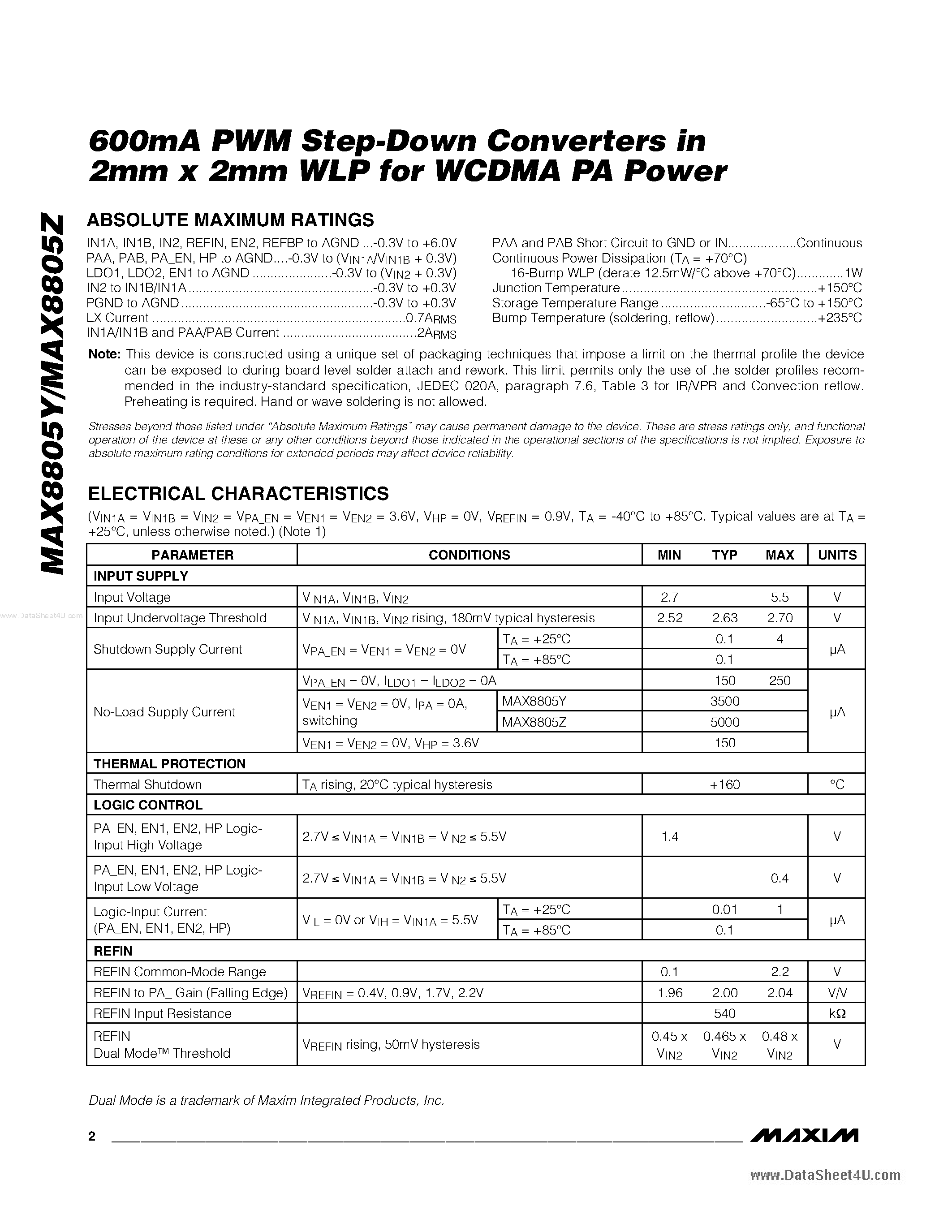Datasheet MAX8805Y - (MAX8805Y / MAX8805Z) PWM Step-Down Converters page 2