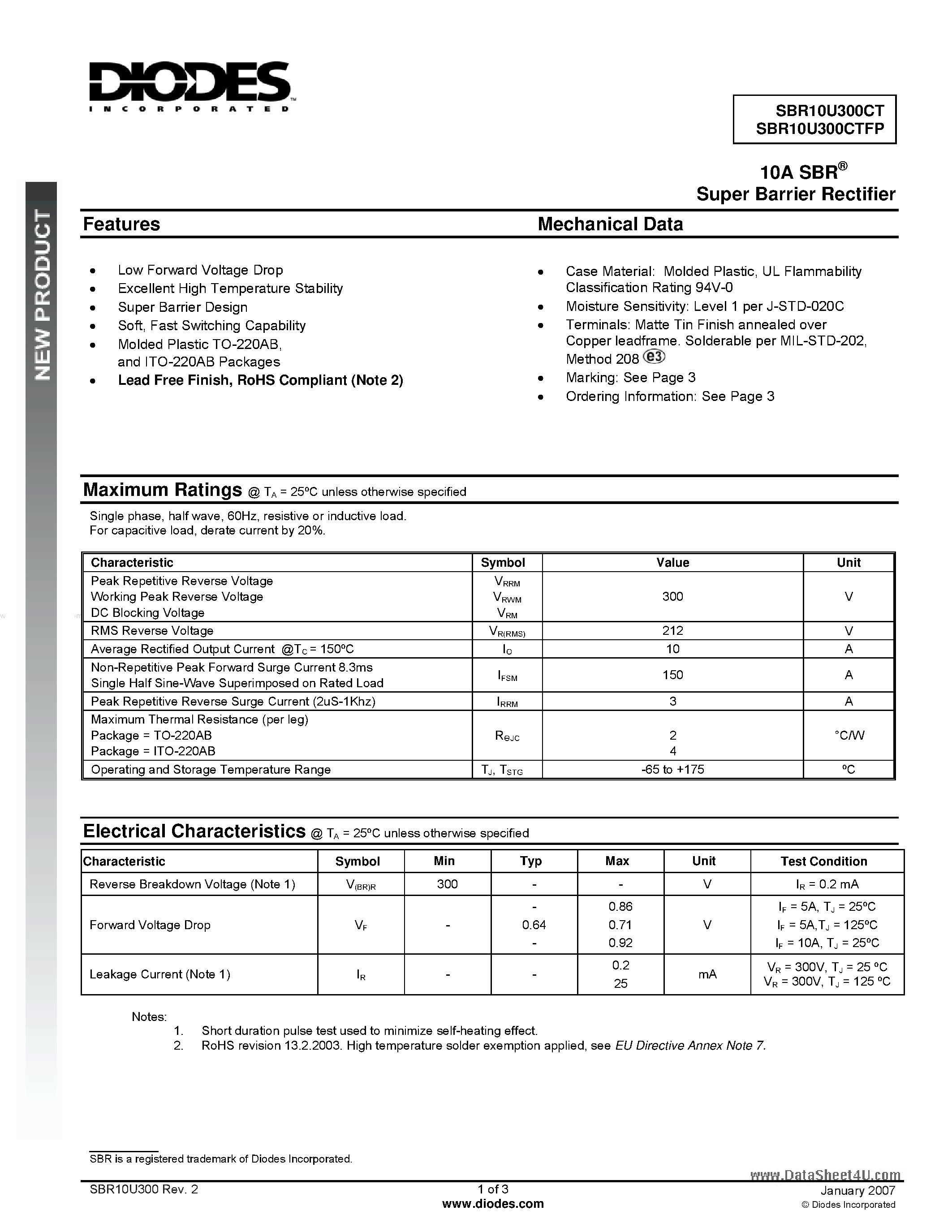 Datasheet SBR10U300CT - Super Barrier Rectifiers page 1
