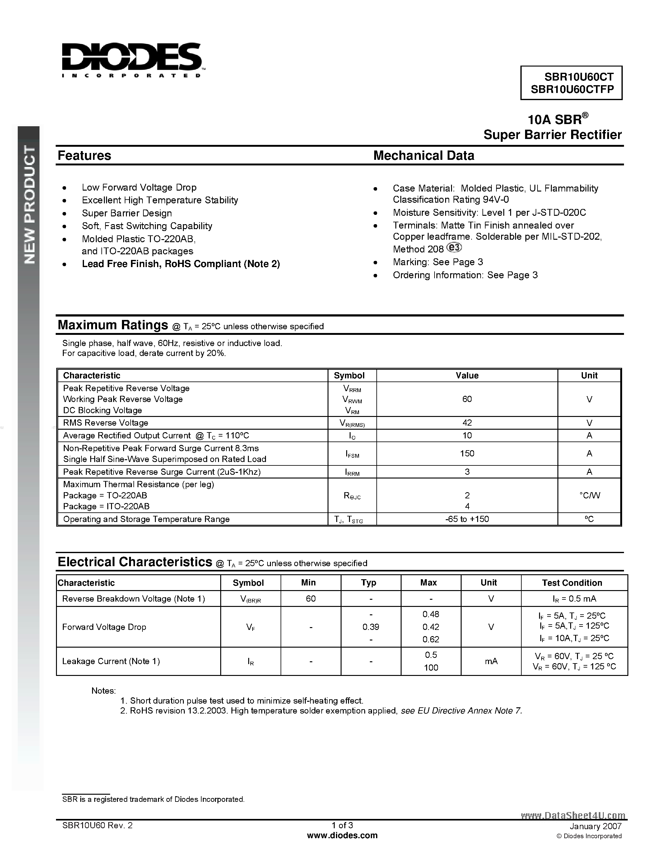 Datasheet SBR10U60CT - Super Barrier Rectifiers page 1