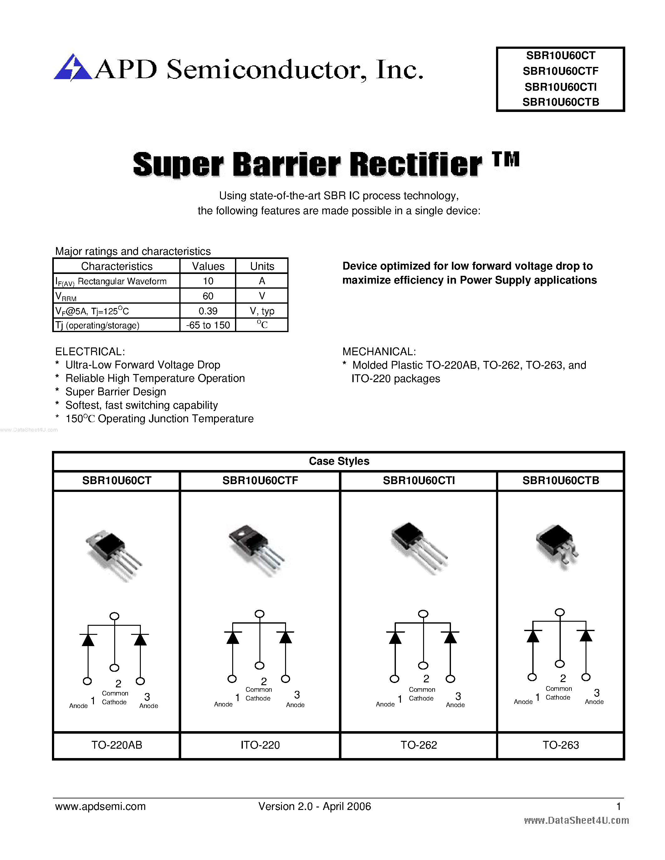 Datasheet SBR10U60CTB page 1 Datasheet SBR10U60CTB - Super Barrier Rectifiers page 1