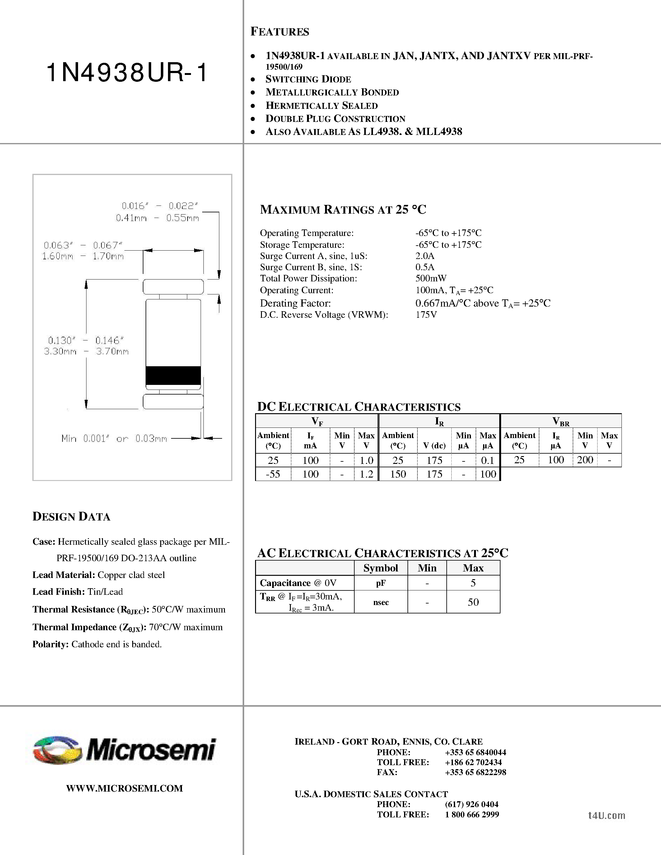 Datasheet 1N4938UR-1 - SWITCHING DIODE page 1